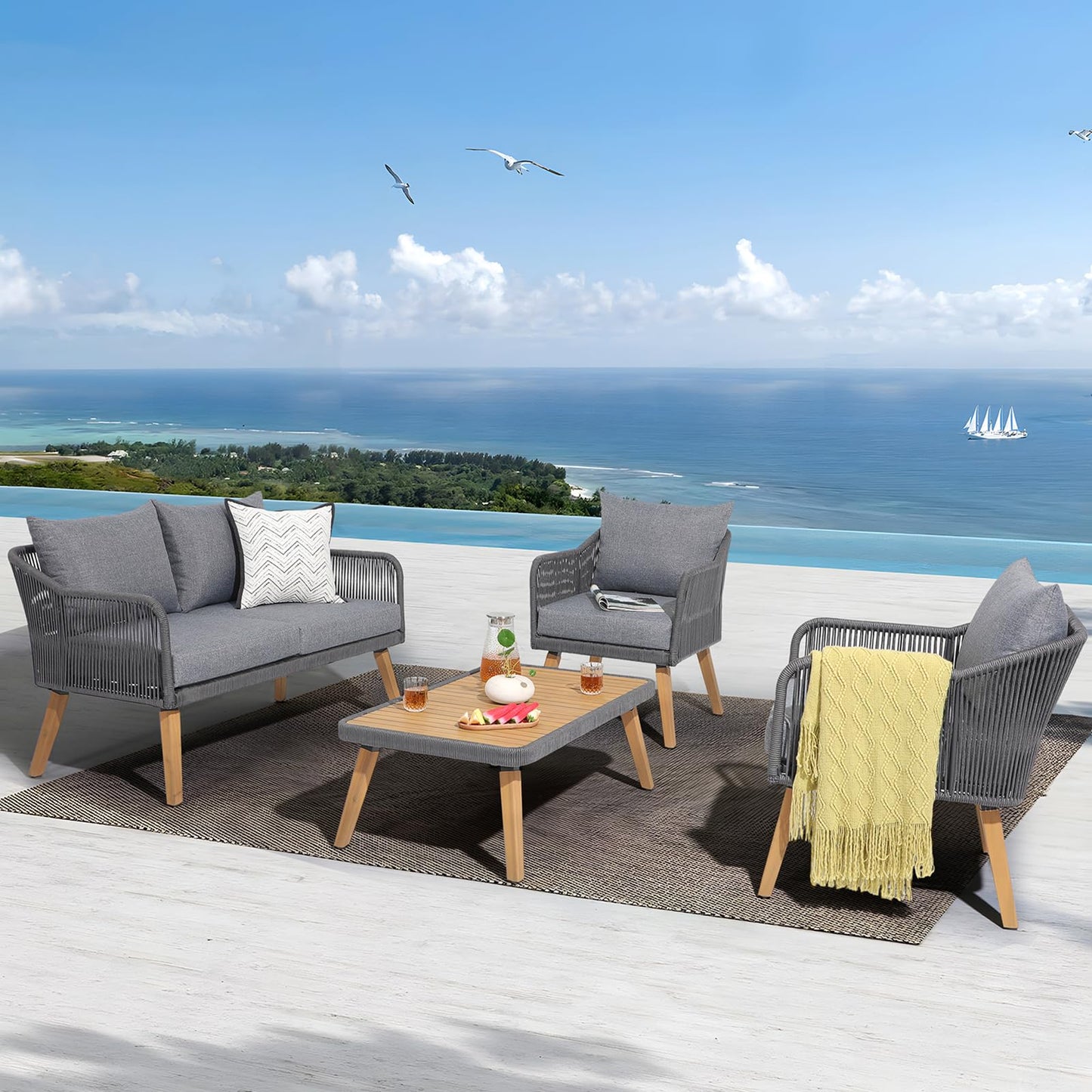 Patiorama 4-Piece Patio Furniture Set, Outdoor Acacia Wood Conversation Set, All-Weather Rope Sofa w/Coffee Table, Loveseat, Grey
