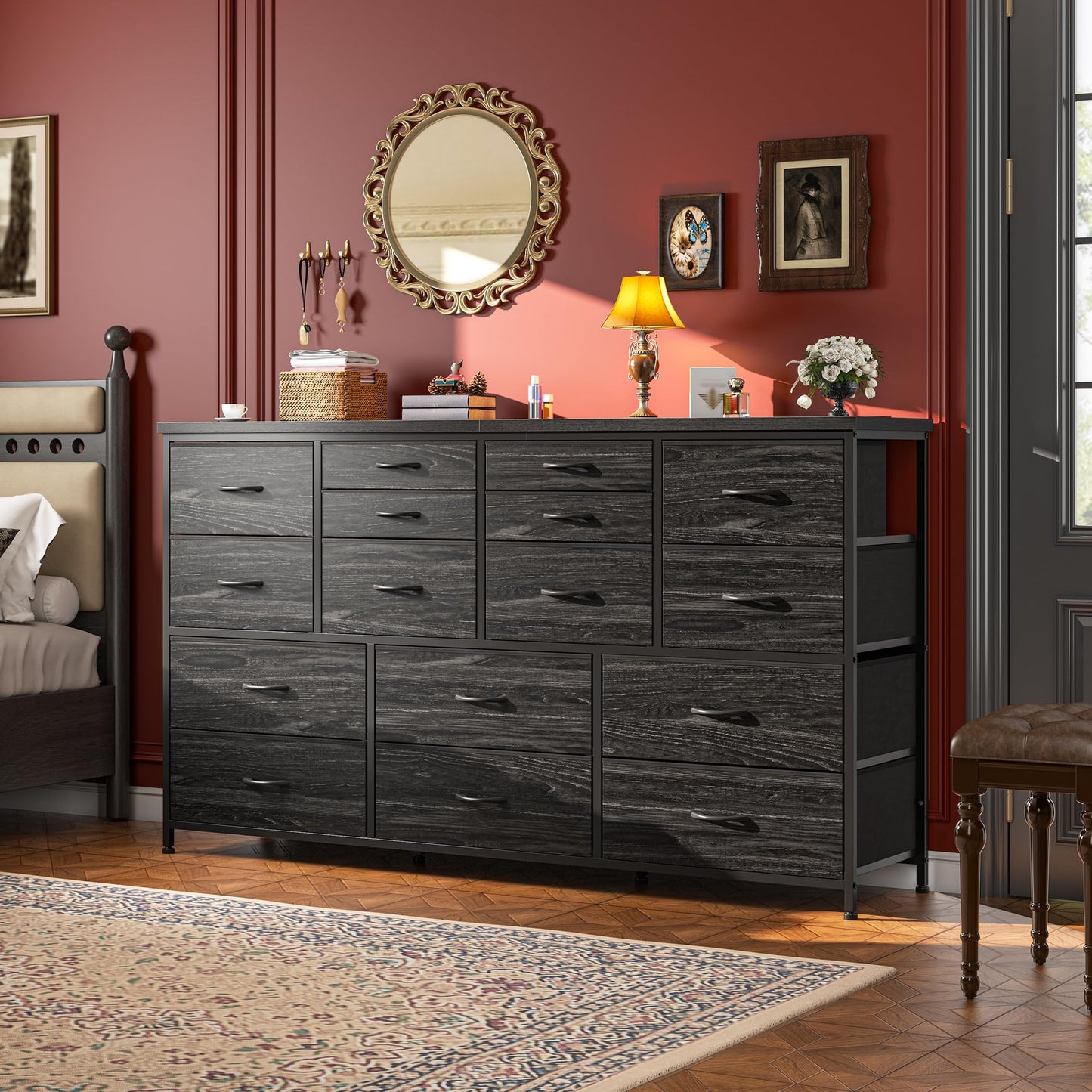 Romorgniz Dresser for Bedroom with 16 Fabric Drawers Long Dresser with Charging Station TV Stand for 60" TV Dressers & Chest of Drawers for Bedroom, Living Room, Closet, Black