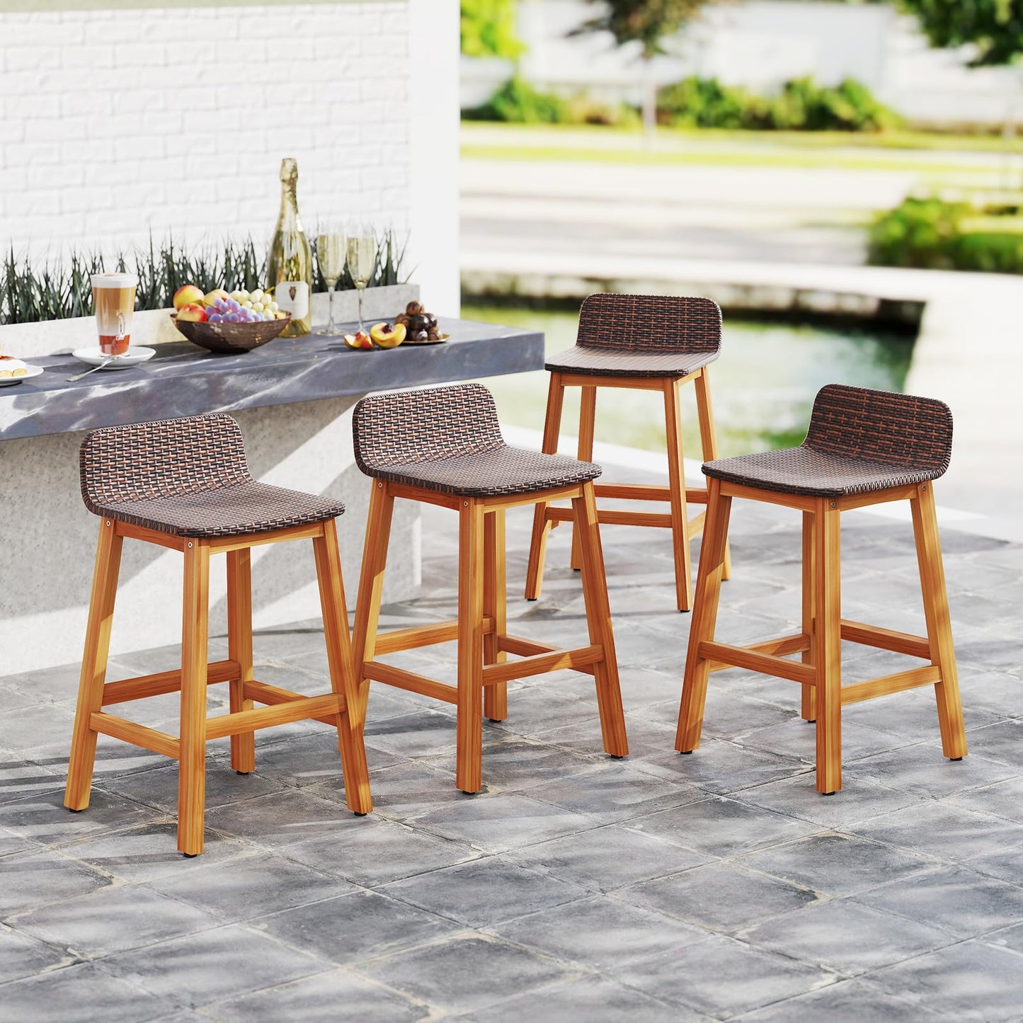 Tangkula Solid Acacia Wood Bar Stools Set of 2, Rattan Bar Height Patio Chairs with Footrests, Outdoor Seating for Porch, Balcony, Garden, Backyard (Mix Brown,1)