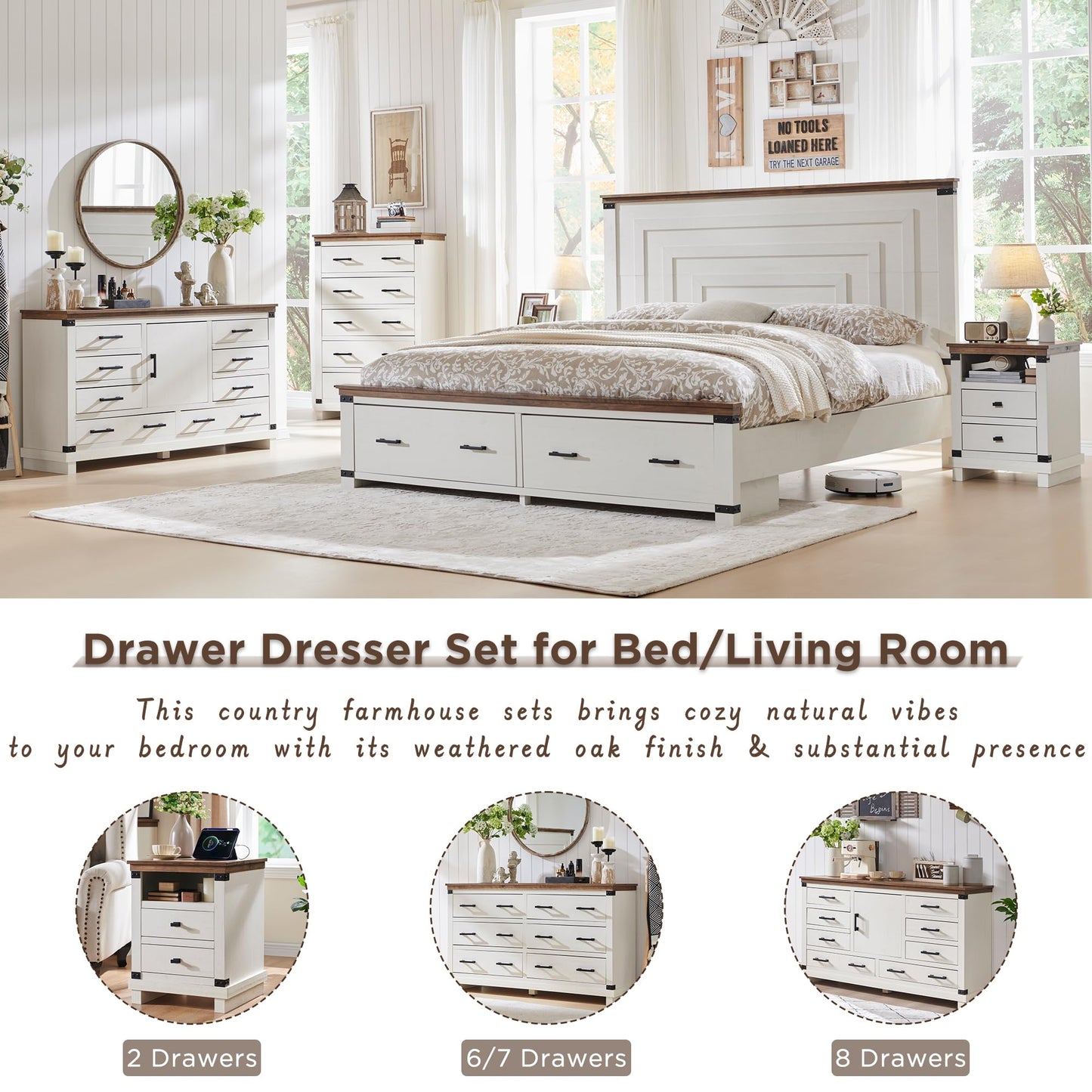 T4TREAM Farmhouse 5 Drawers Dresser for Bedroom, 48" Tall Wood Chest of Drawers w/Natural Texture & Metal Handle, Rustic Storage Dressers Organizer for Living Room, Hallway, Antique White