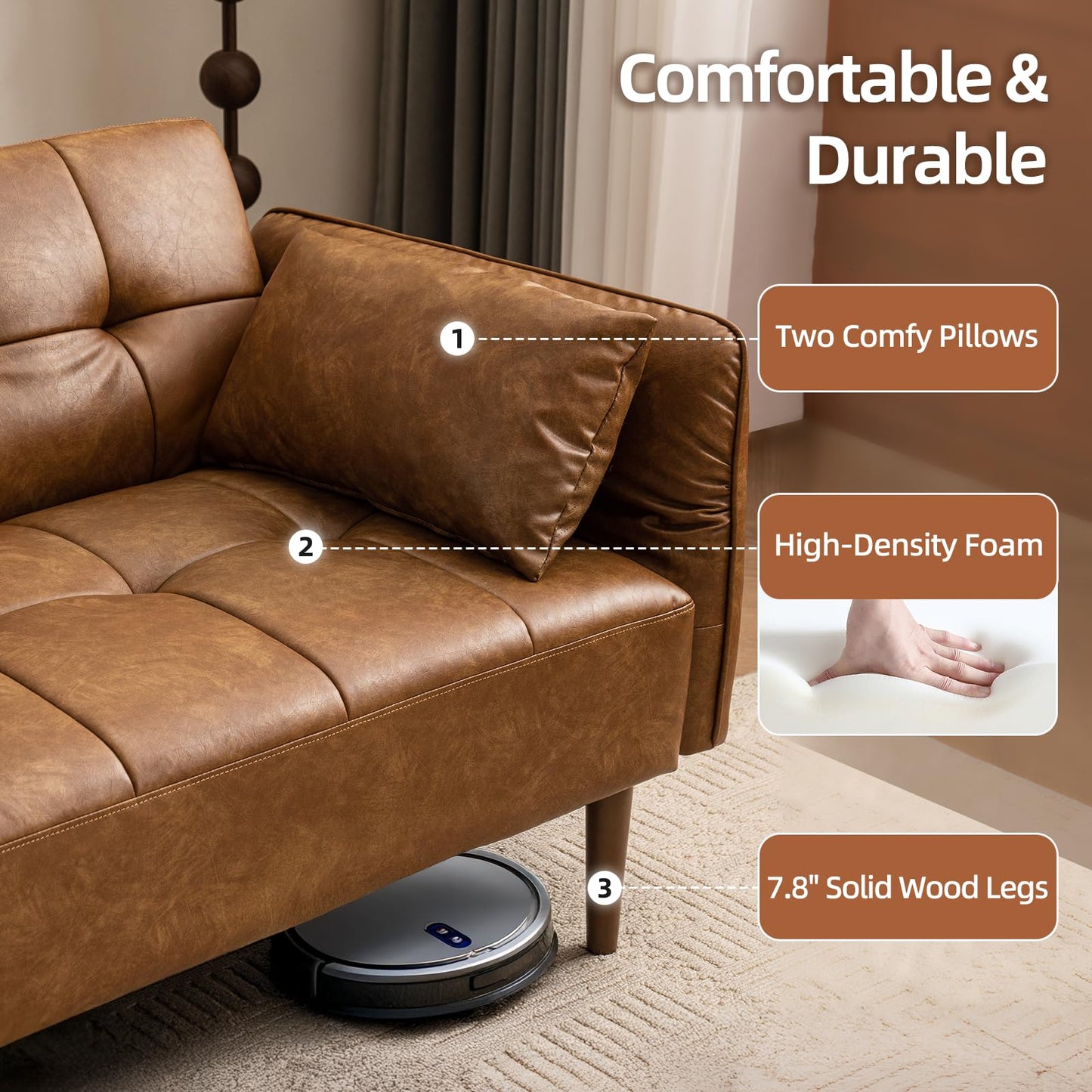 HALLYBEE 85” Futon Sofa Bed, Sleeper Sofa, Small Couch with Storage Adjustable Armrests Pillows, Faux Leather Loveseat, Mid Century Modern Couches for Living Room, Bedroom, Apartment, Brown
