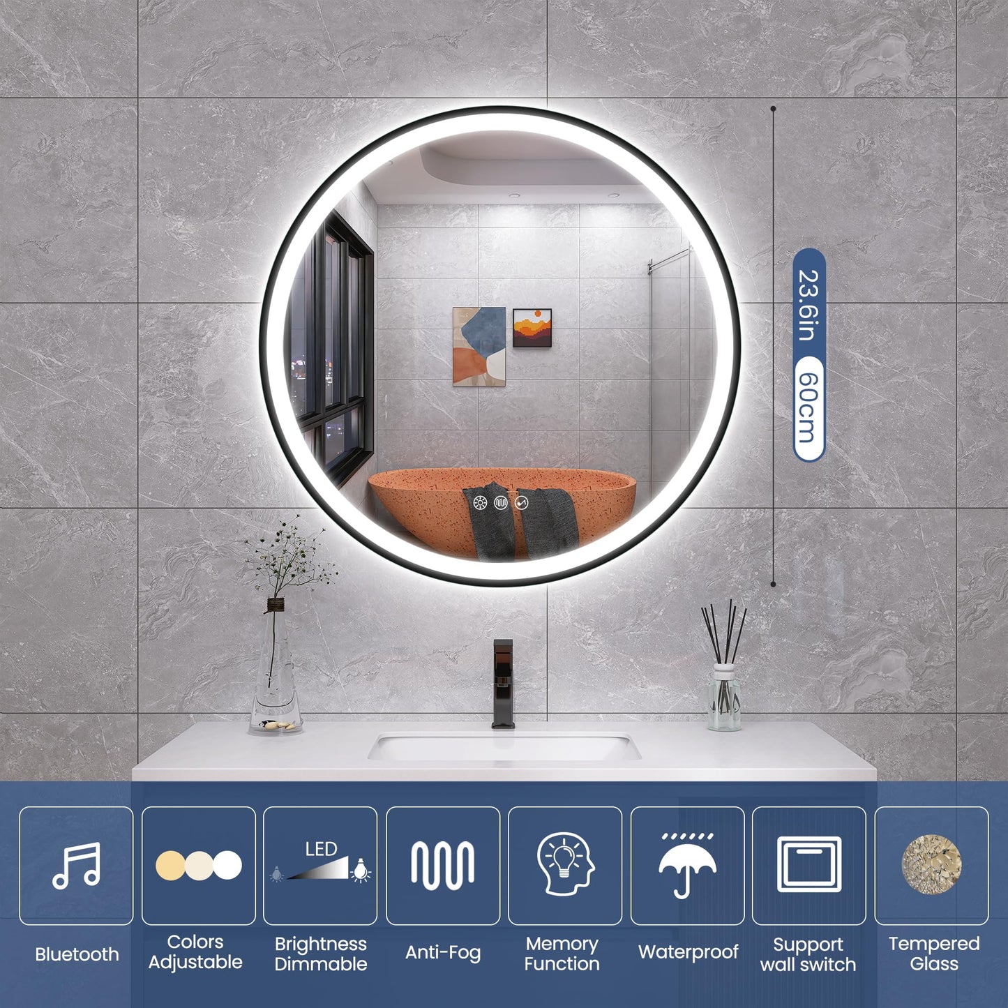 STARLEAD LED-Bathroom-Mirror-with-Lights, 24" Wall-Mounted with Bluetooth Speaker, Anti-Fog, 3 Color Temperature Dimmable Brightness, Waterproof, Frontlit & Backlit, Black Frameless Round