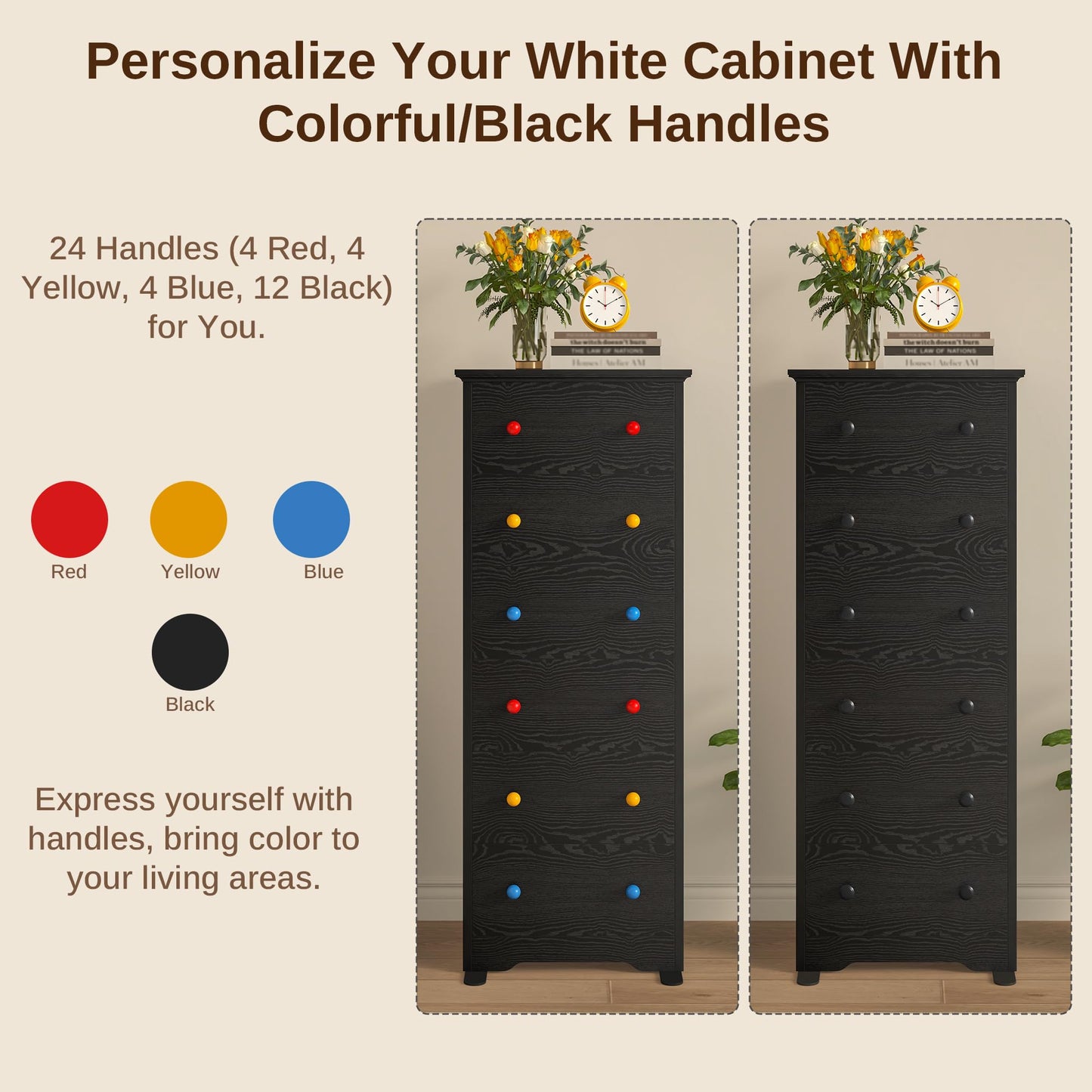 LIKIMIO Tall Skinny Dresser, 6 Drawer Dresser Tall with Colorful Handles, Chest of Drawers for Bedroom, 51.5" H Modern Wooden Storage Cabinet with Metal Sliding Rail, Black