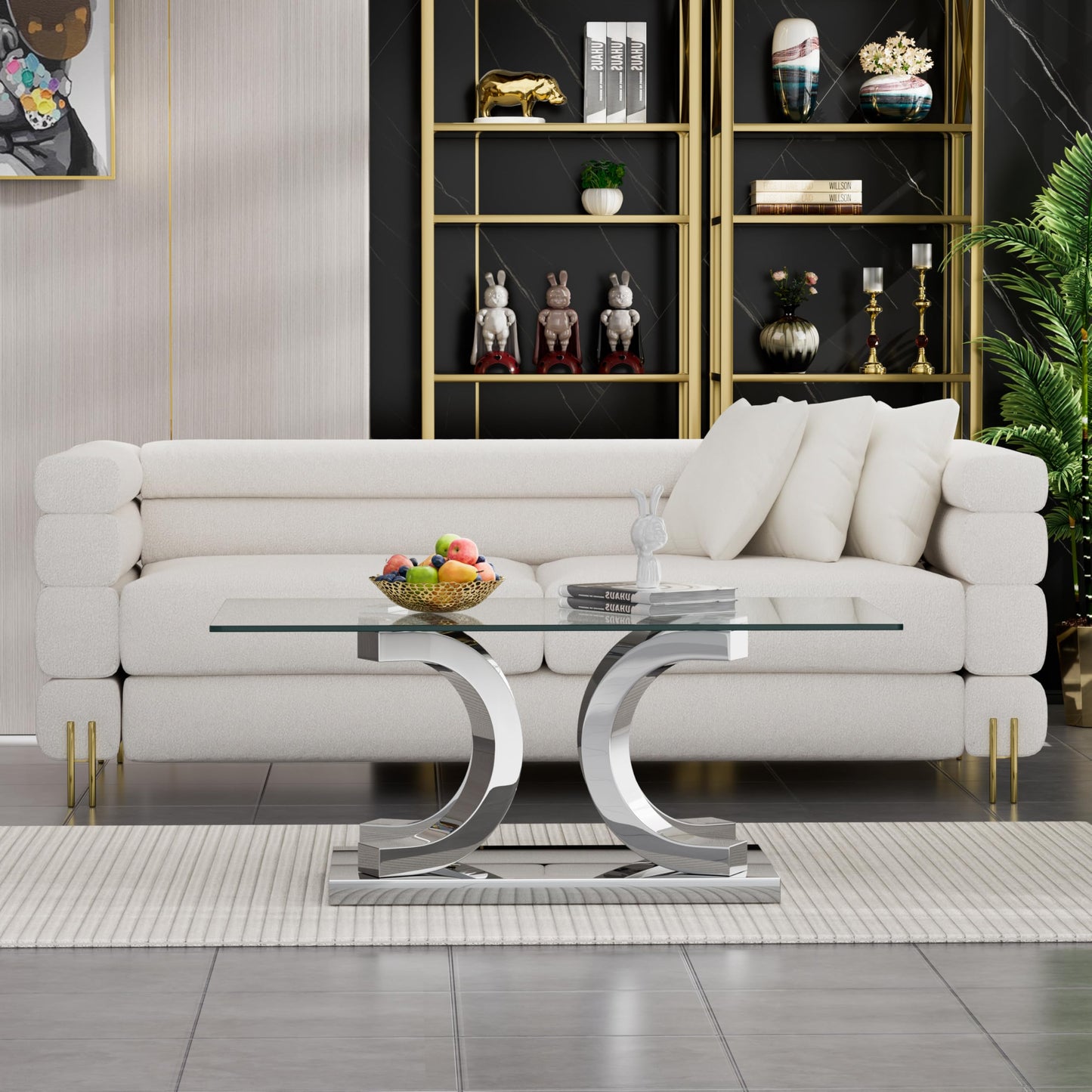 Henf 47" Glass Coffee Table Modern Glass Center Table, Luxury Rectangular Cocktail Table Accent Sofa Table with Tempered Glass Top and Silver Mirrored Stainless Steel Base for Living Room Apartment