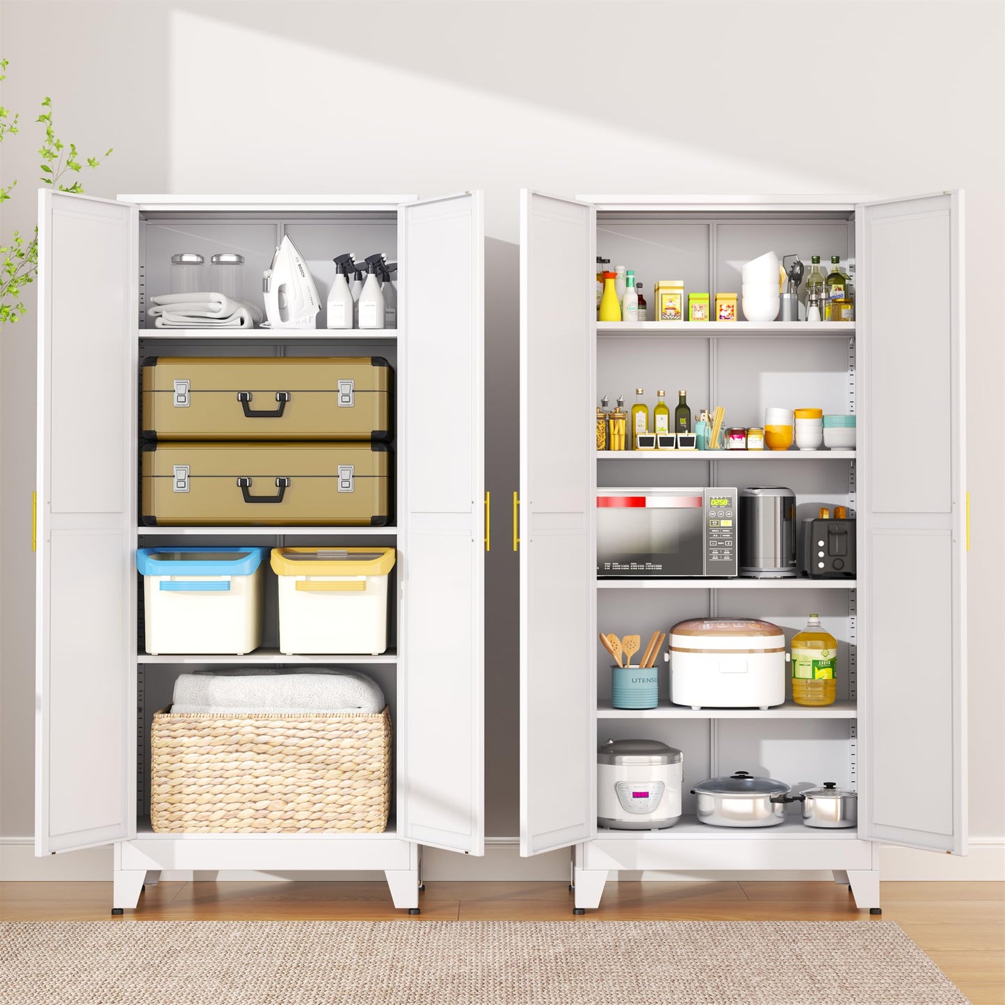 erosoei 75.2”H Metal Kitchen Pantry Storage Cabinet, Storage Cabinets with Adjustable Feet and Shelves,Food Pantries Cupboard for Kitchen, Living Room, Laundry Room and Dinning Room（White）