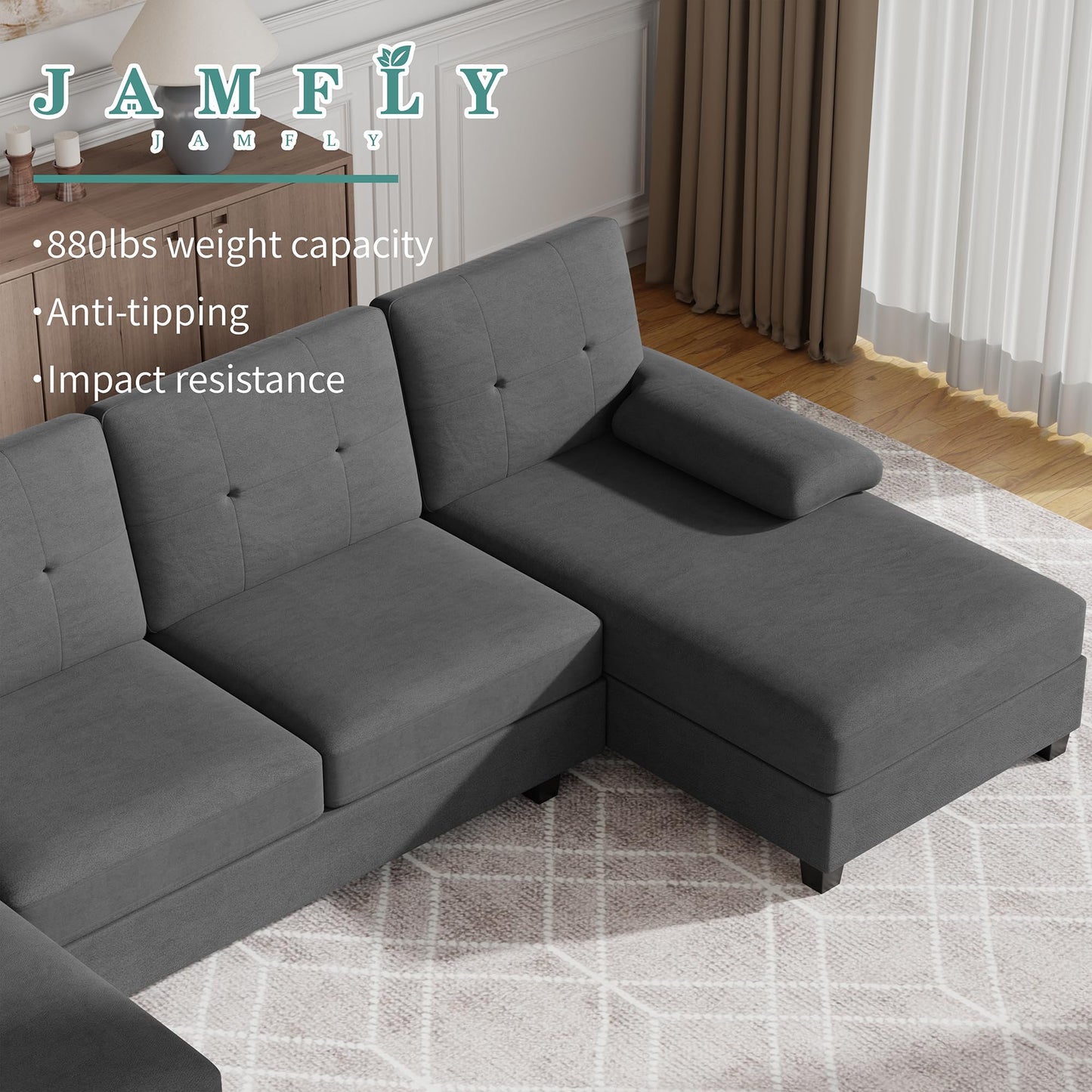 JAMFLY Sectional Sofa Couches for Living Room, U Shaped Sofa Living Room Furniture Sets, 4 Seat Modular Sectional Couch with Chaise, Black Grey