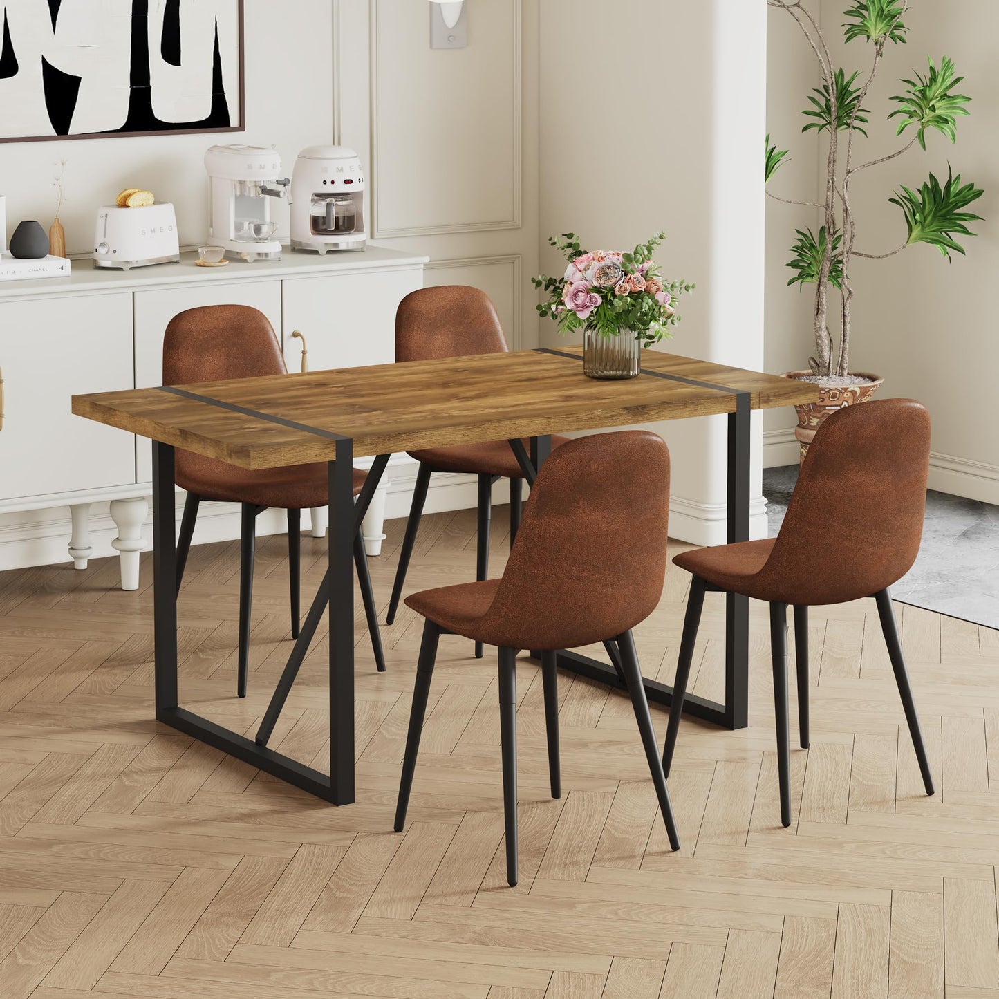 MUUOKY Dining Table Set for 4, Modern 55'' Dark Wood Dining Table and Fabric Dining Chairs Set of 4,Table and Chairs Set of 4,Ideal for Kitchen Dining Room