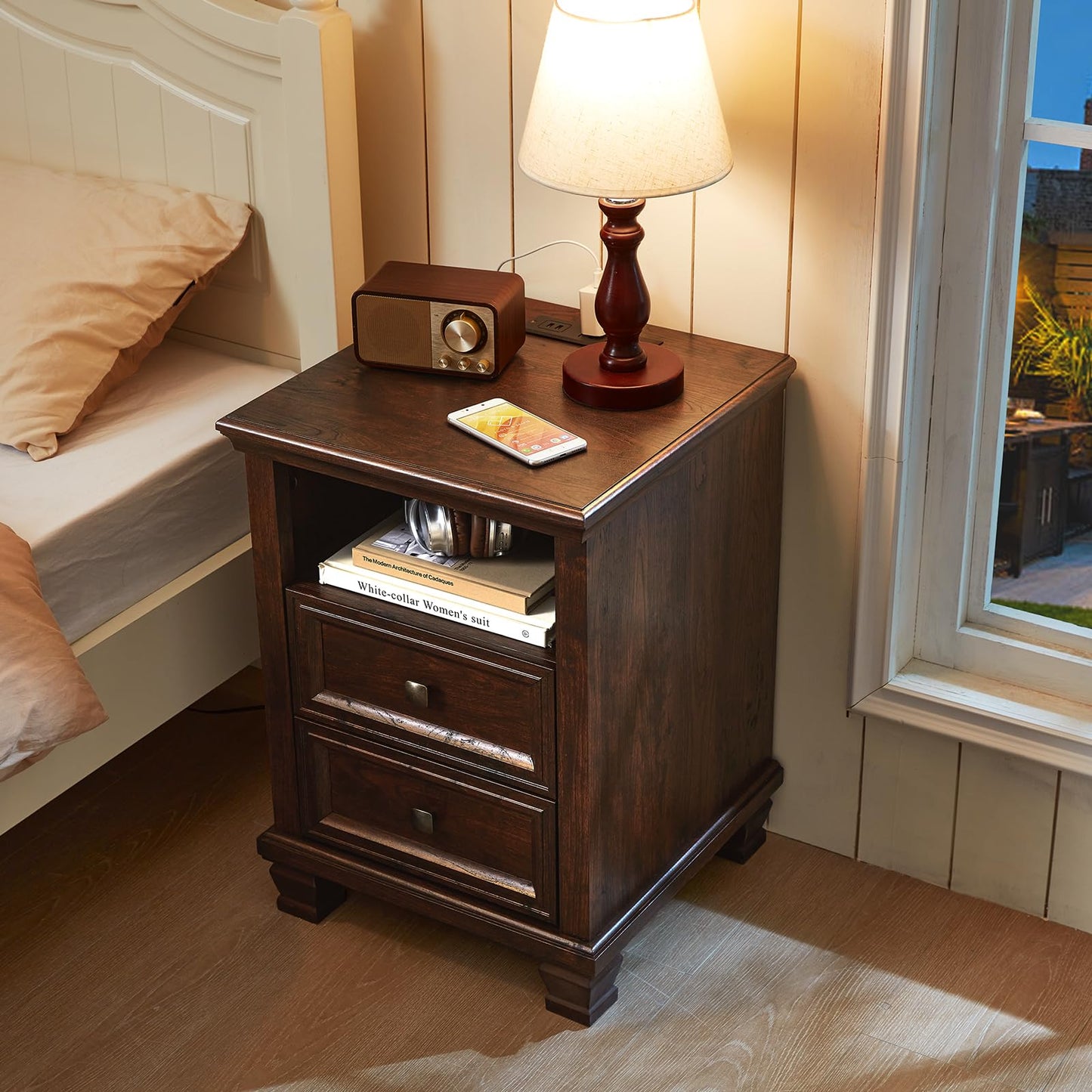 SAVOR LIFE Farmhouse Nightstand with Charging Station, Rustic Brown Nightstand,2 Drawers End Table for Living Room,Bedside Table with Open Shelf for Bed Room,Walnut