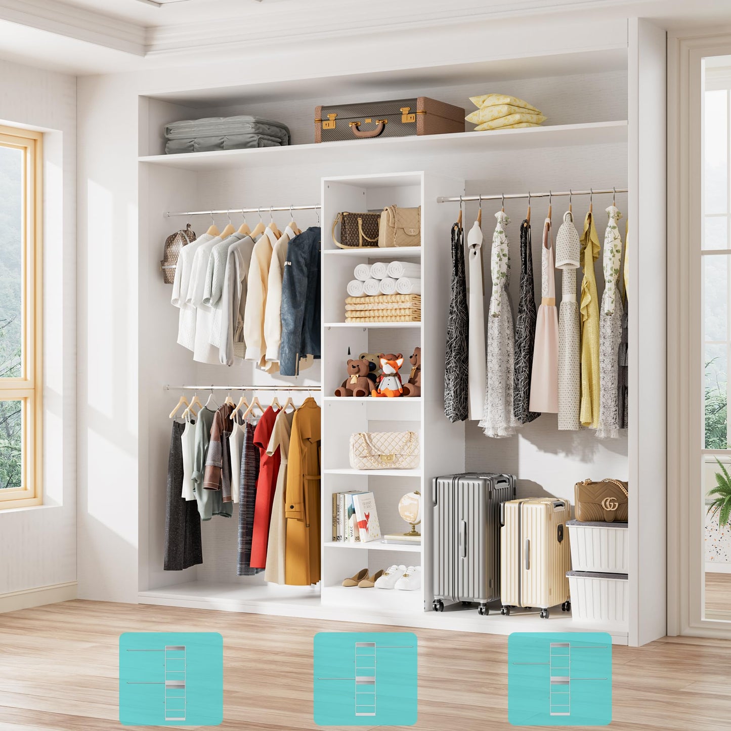PatioPerk Walk in Closet Organizer System - Built-in Garment Rack with 6 Shelves and 3 Extendable Hanging Rods, Wall Mounted Clothes Organizers Storage Systems for Bedroom