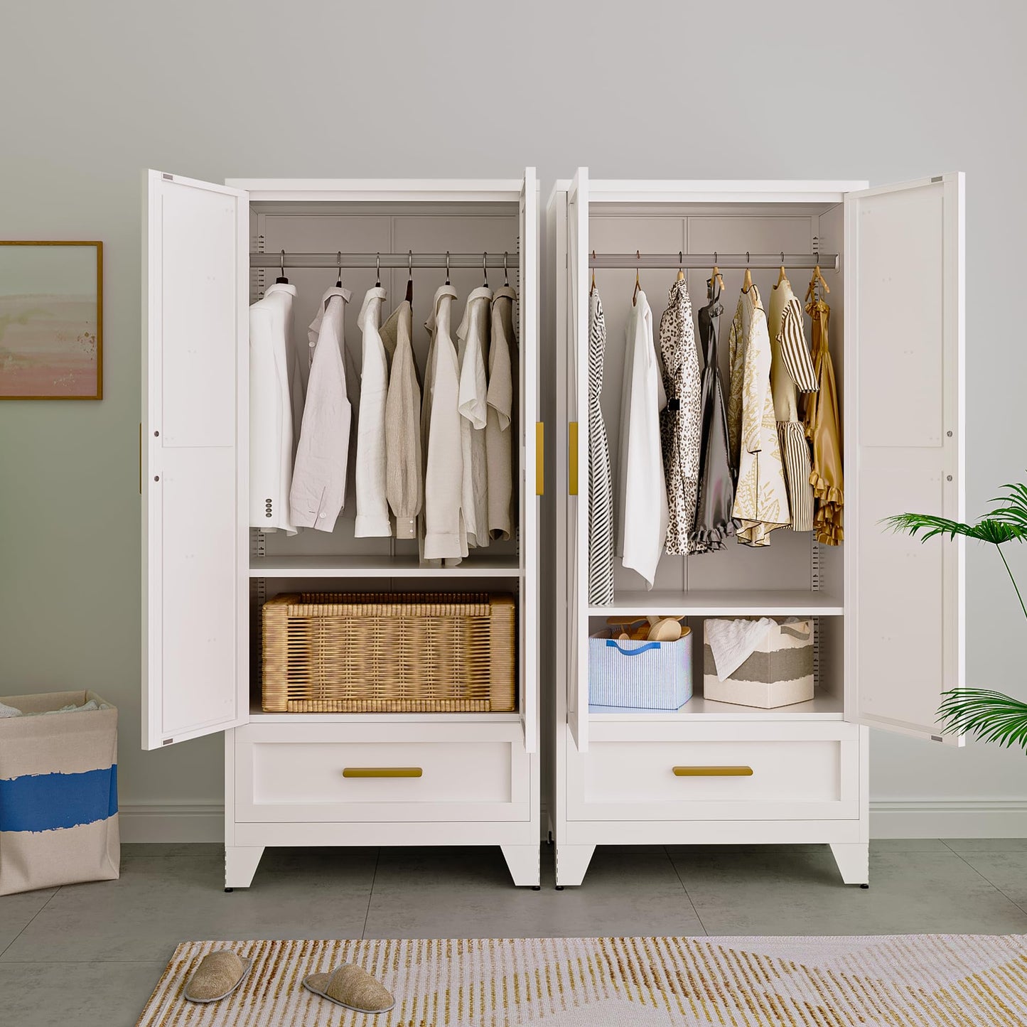 MLYCGKLA 71" Tall Armoire Wardrobe Closet, Metal Wardrobe Cabinet, Farmhouse Storage Cabinet with Drawer and Hanging Rod for Bedroom, Laundry, Home Office (White, 71" H-1 Drawer)