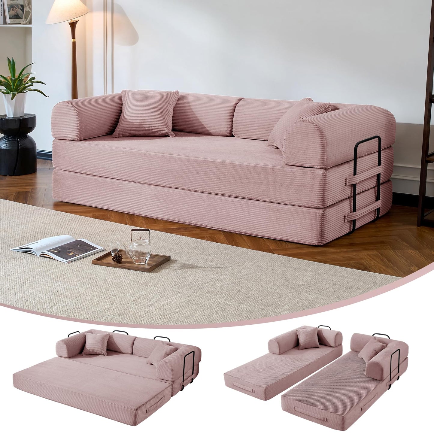 NNQ Compressed Sofa - Convertible Sofa Bed, Corduroy Compression Boneless Couch in a Box, Comfy Modular Foldable Floor Sleeper Sofa for Bedroom, Living Room (Corduroy Fabric, Pink)