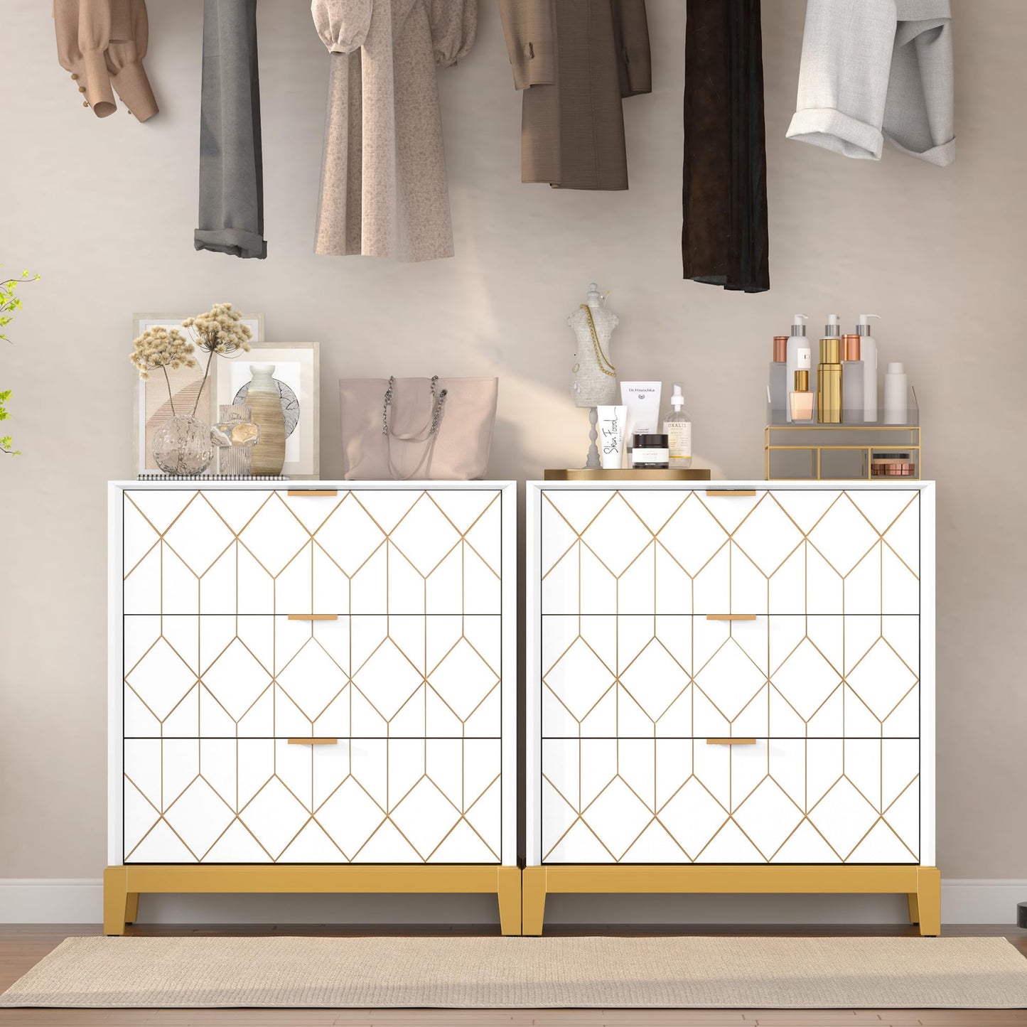 HLR 3 Drawer Dresser for Bedroom, Modern Wood Chest of Drawers with Gold Trim, Accent Dresser Storage Tower, White Organizer Cabinet for Closet, Living Room, Hallway, Entryway