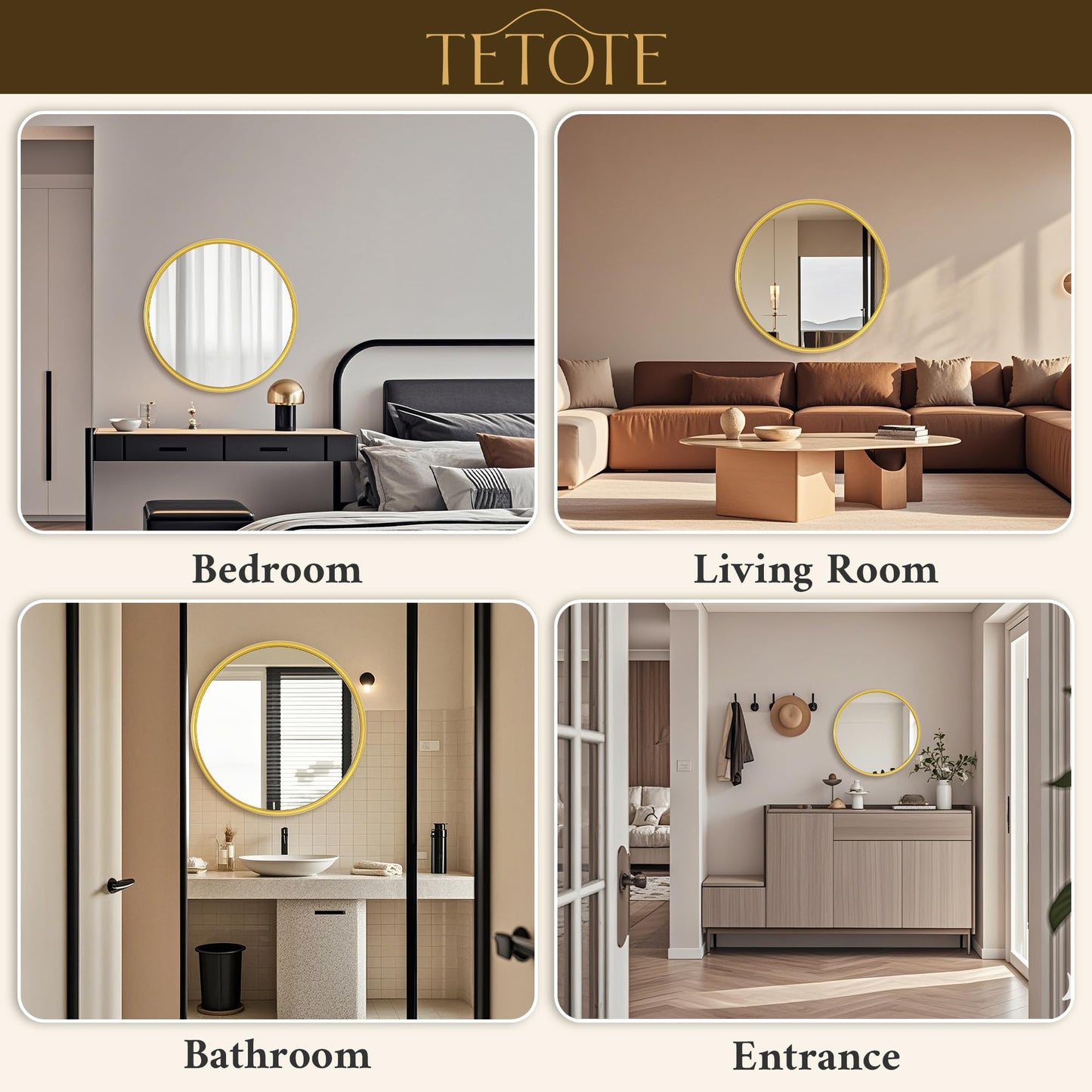 TETOTE Round Mirror 24 inch Brushed Gold Circle Mirror Metal Frame for Bathroom Vanity, Living Room, Bedroom, Vanity, Entryway