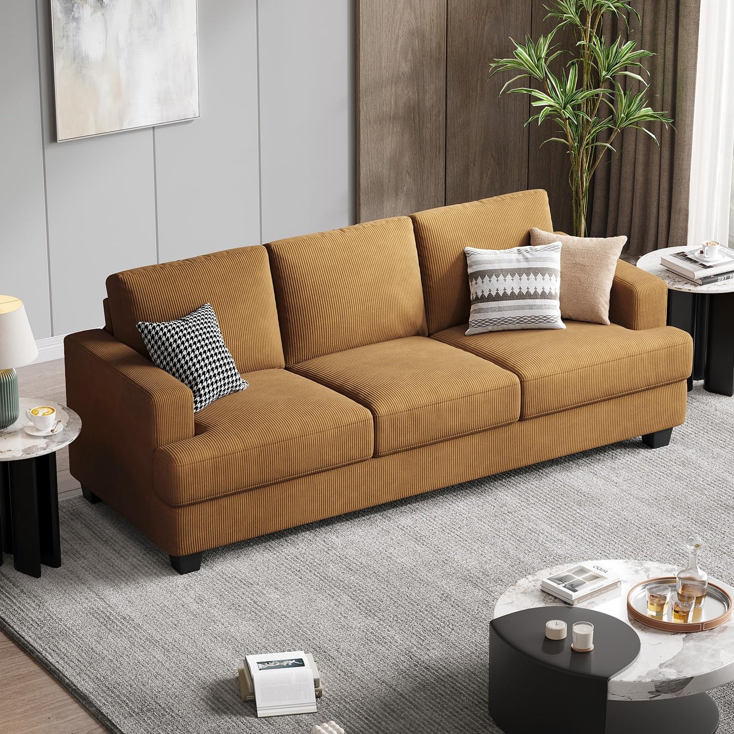 COPIAE 89 Inch Sofa with Extra Deep Seats Oversize, Corduroy Fabric 3 Seater Sofa for Living Room, Modern Couch and Sofa, Comfy Armrests and Seats and Backrests, Easy Installation, Ginger Yellow
