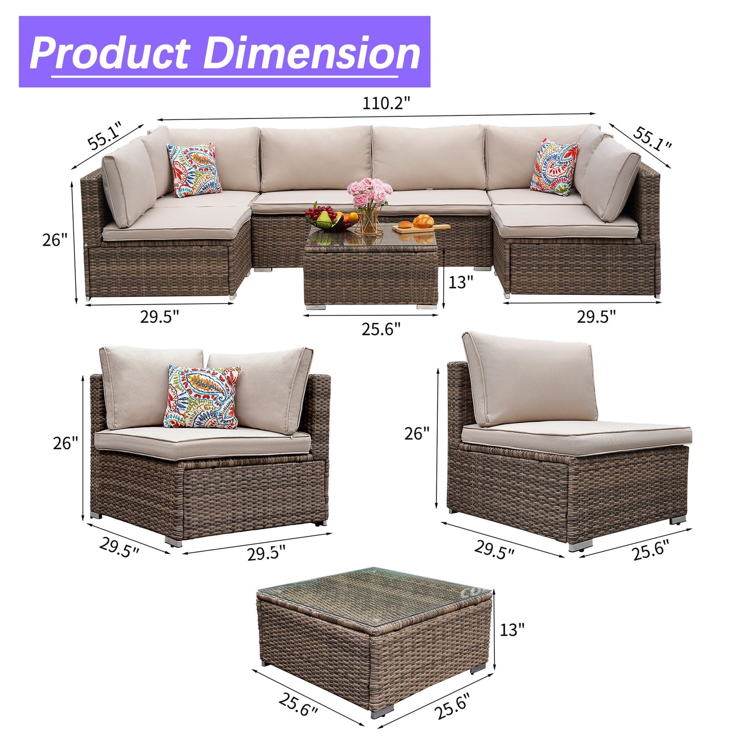 Naga Bahna 7 Piece Patio Furniture Set, Outdoor Patio Conversation Set, All-Weather Rattan Wicker Sectional Sofa Couch w Water Resistant Thick Cushions, 2 Extra Pillows and Coffee Table, Beige/Brown