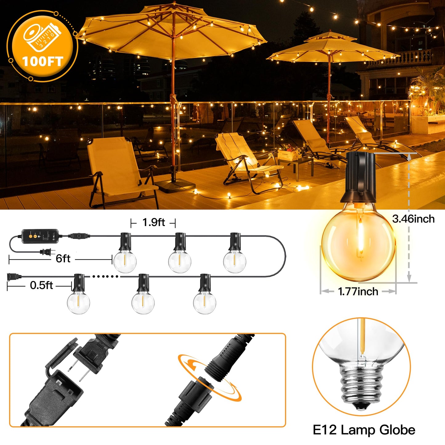 Ccinny Outdoor Lights with Remote Dimmer, 50 + 3 Spare G40 LED Bulbs Plug in Connectable Patio Light, Waterproof Hanging Lights for Backyard Indoor Camping Balcony Yard Deck Decor (100 FT)