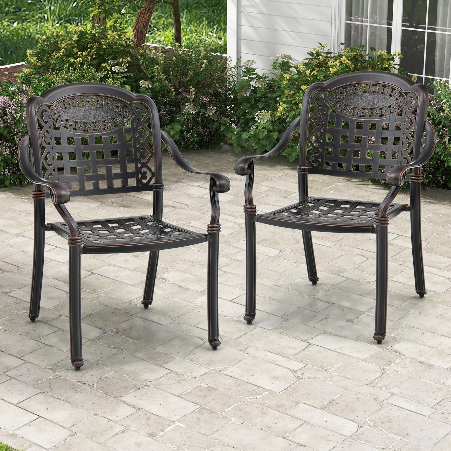 Tangkula Set of 4 Cast Aluminum Patio Dining Chairs, Stackable Outdoor Dining Chairs with Armrests, Outdoor Bistro Chairs for Balcony, Backyard, Garden