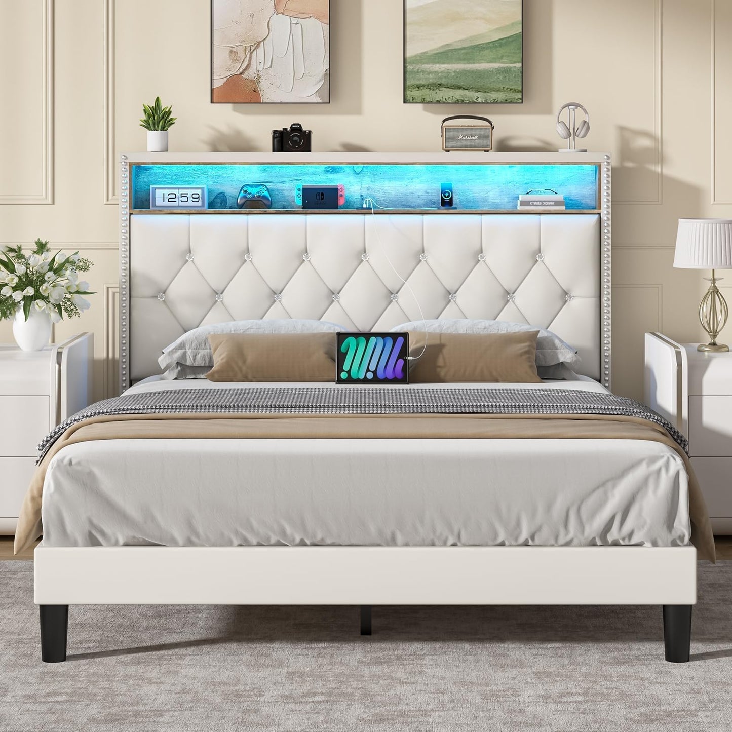 Full Size Bed Frame with LED Lights, Velvet Upholstered Platform Bed with Storage Headboard and Charging Station, Full Bed Frame with Diamond Design, Wood Slats Support, No Box Spring Needed, Beige