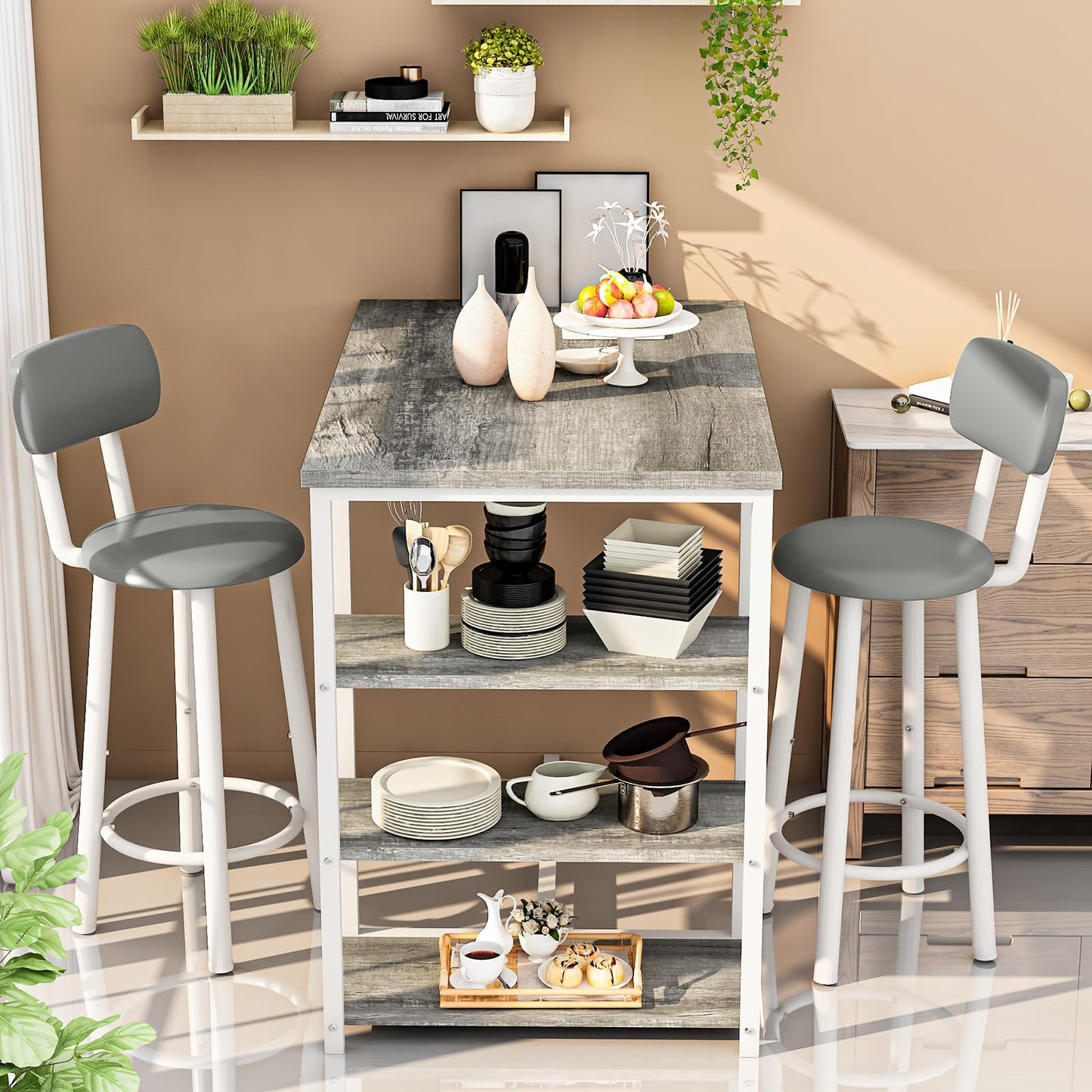 DKLGG Dining Table Set for 2, Counter Height Pub Table with 2 PU Leather Widen Backrest Bar Stools & 3 Storage Shelves, Bar and Chairs Set for Small Space Kitchen, Dining Room, Bar, Grey