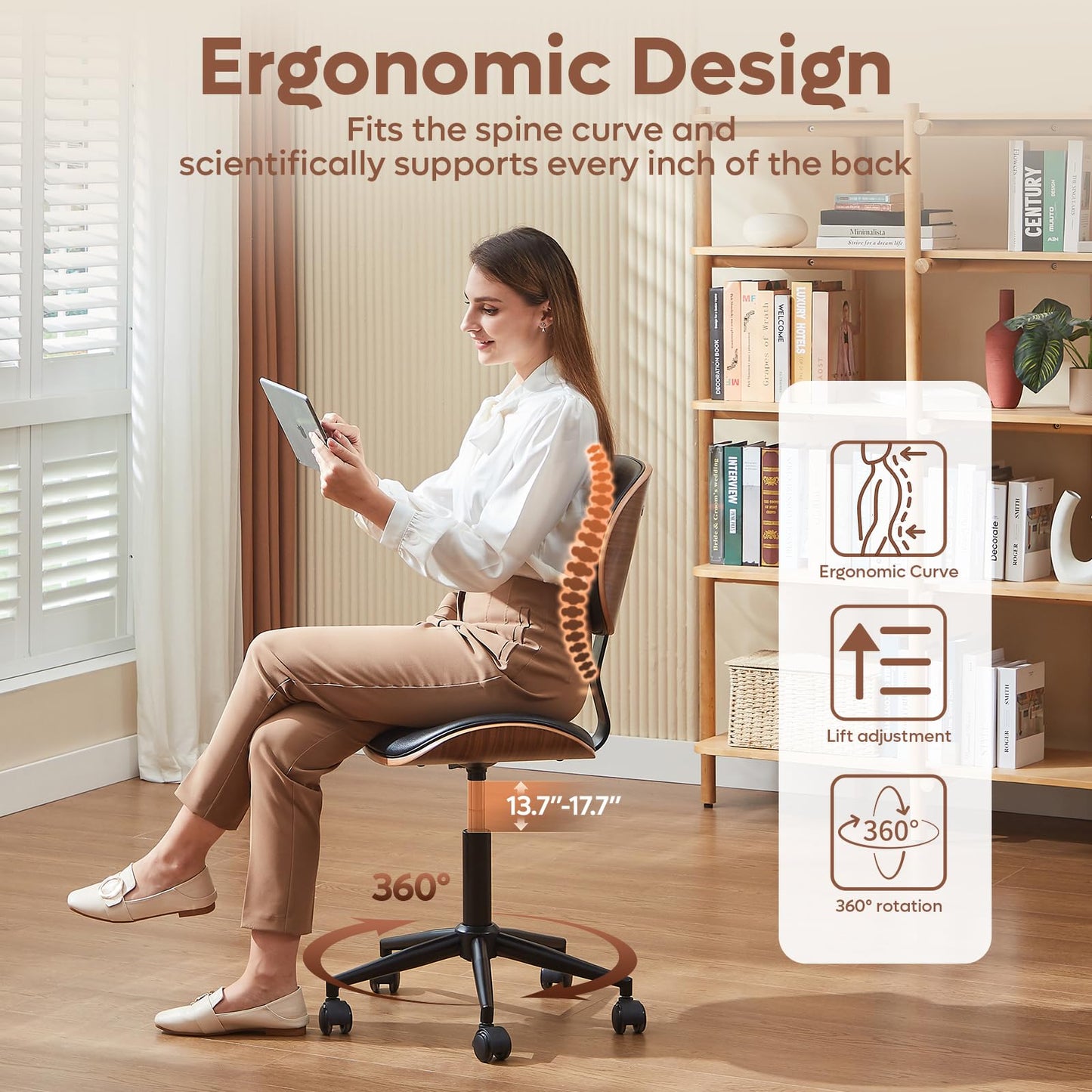 Bestier Small Office Chair with Bentwood Back Support, Armless Desk Chair with 360° Swivel, Height Adjustable Computer Chair with Wheels, PU Leather Modern for Office, Small Space, Black
