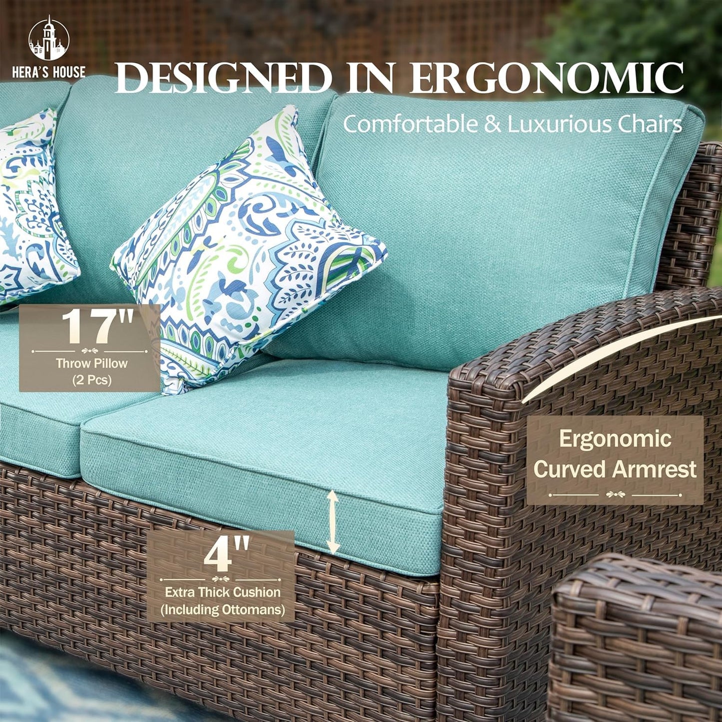 HERA'S HOUSE Outdoor Loveseat Patio Sofa, 2-Seat Wicker Couch with 4" Waterproof Thick Cushions, Deep Seating Furniture for Garden Porch Backyard, Blue