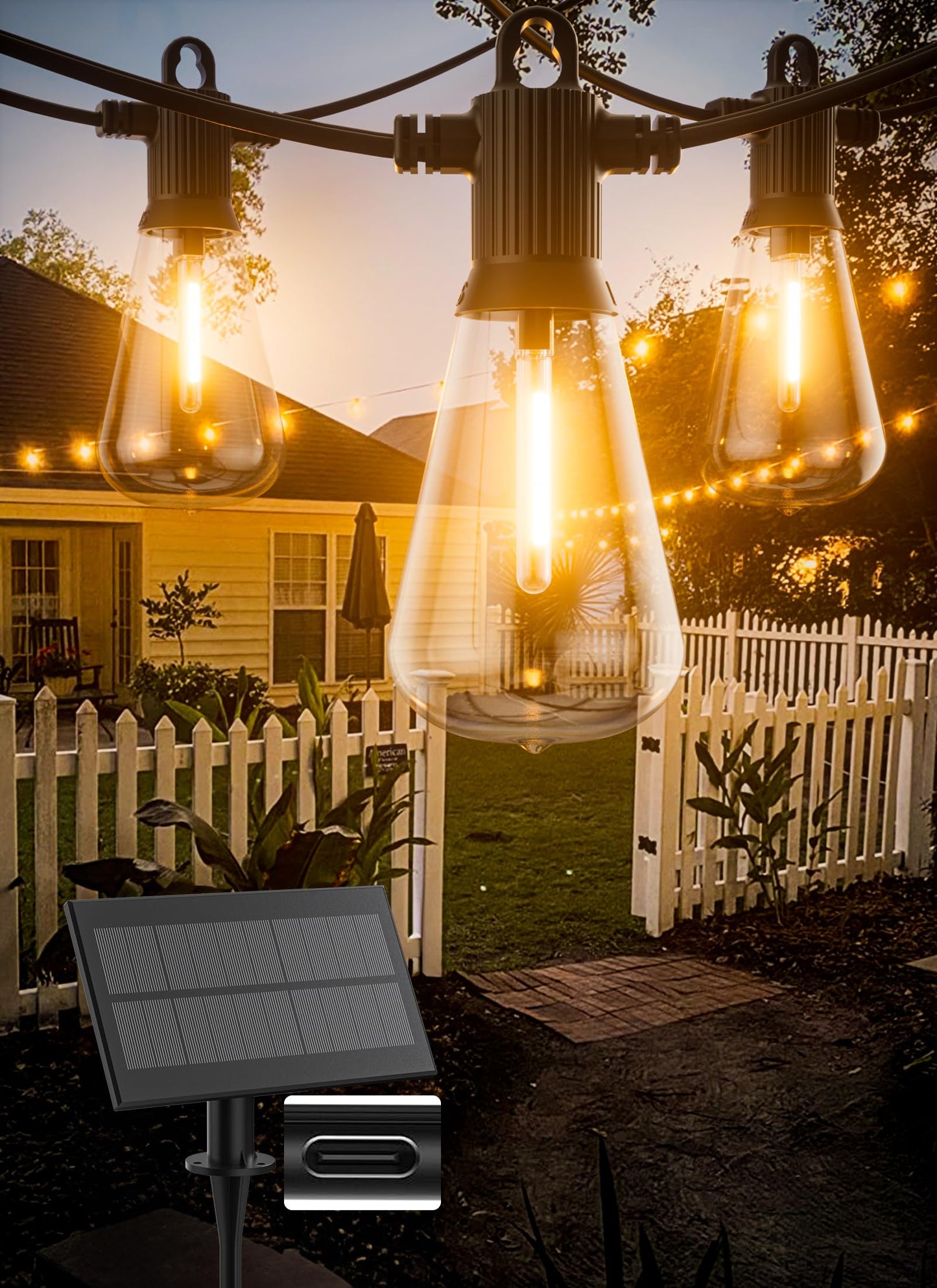 Zuske Solar String Lights Outdoor Waterproof 100FT with USB Port and 52 Shatterproof ST38 Bulbs(2 Spare), LED Solar Powered Patio Lights for Outside, Porch, Backyard, Gazebo, Garden(Warm White)