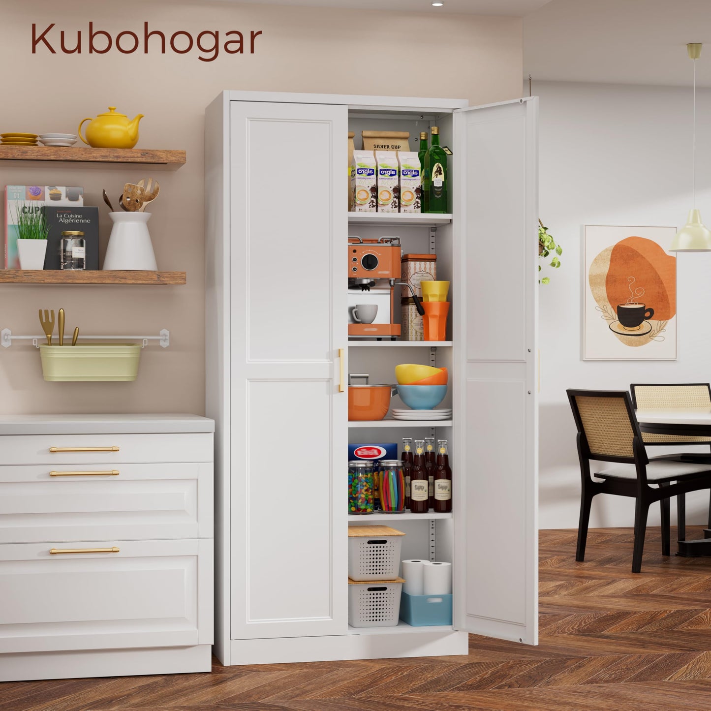 Kubohogar 71" Tall Metal Pantry Cabinet, White Kitchen Pantry Storage Cabinet with 4 Adjustable Shelves and Gold Handles, Cupboard for Kitchen, Dining Room, Living Room, Bathroom