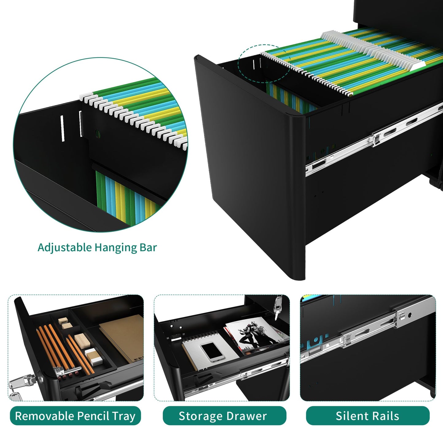 YITAHOME 3-Drawer Metal Filing Cabinet Office Drawers with Keys, Compact Slim Portable File Cabinet, Pre-Built Office Storage Solution for A4/Letter/Legal, Black