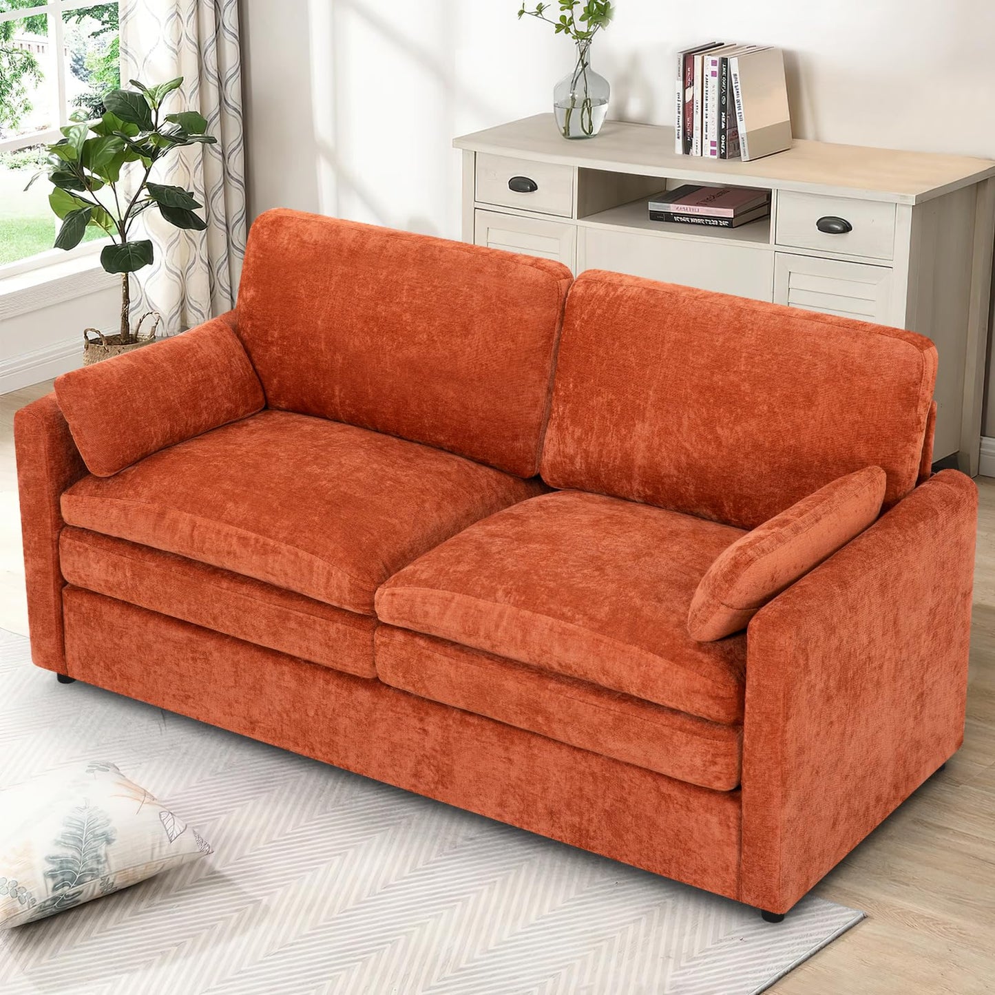 Lesofair 69" Chenille Modern Couch with Cozy & Soft Backrests, 2 Seats Sofa with 2 Extra Pillows, Comfy Upholstered Sofa with Thicker Cushions for Living Room, Office, Orange