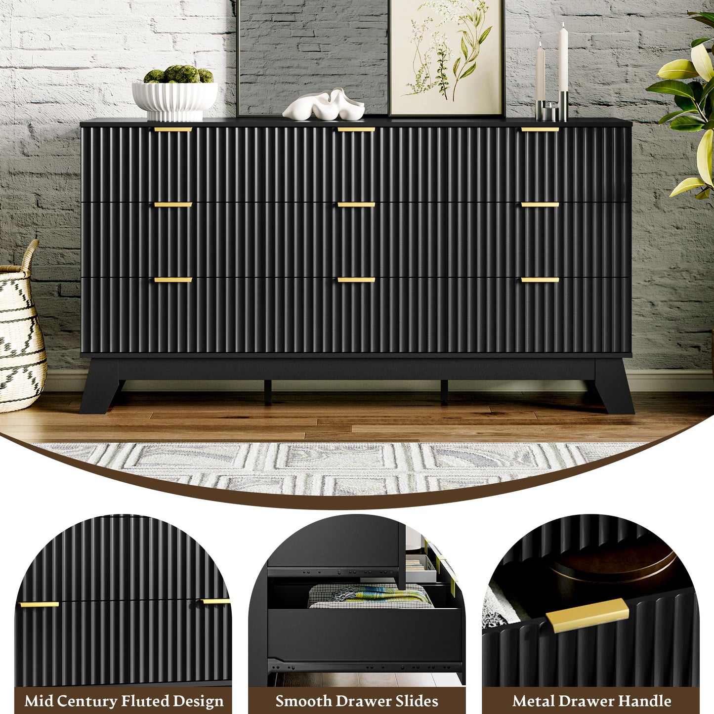 HUANLEGO Fluted Dresser for Bedroom with 9 Drawers, 57" Mid Century Modern Dresser of Closet TV Stand, Nature Wood Dressers with Gold Handle, Boho Closet Wide Modern Chest of Drawers, Black