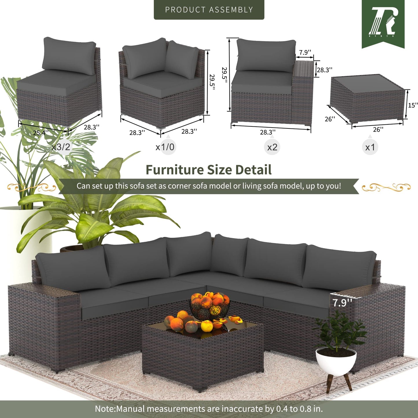 RTDTD Outdoor Patio Furniture Set, 6 Pieces Outdoor Furniture All Weather Patio Sectional Sofa PE Wicker Modular Conversation Sets with Coffee Table,5 Chairs & Seat Clips (Grey)