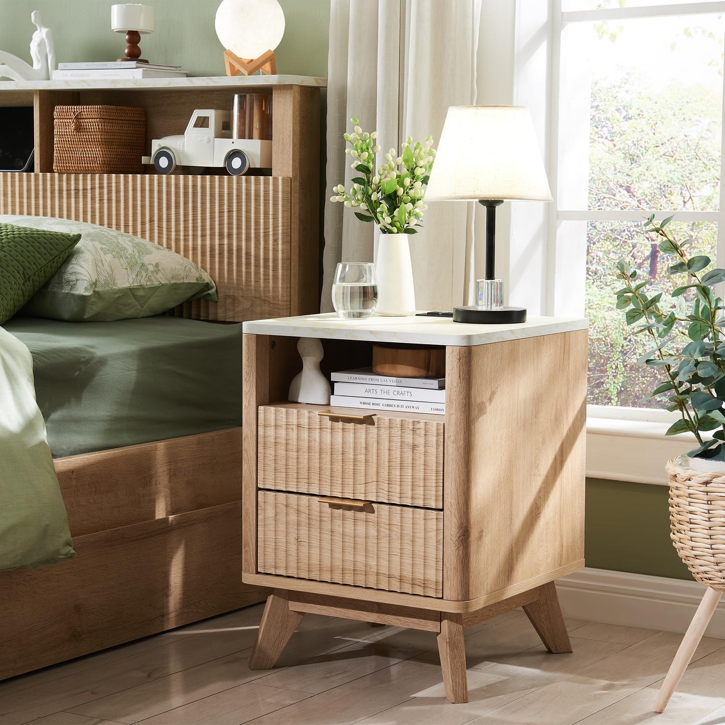 T4TREAM Fluted Nightstand Set of 2 with Charging Station, 18" Modern Side Table with Faux Marble Top, 2 Drawer End Table w/Storage, BedsideTable for Bedroom, Living Room, Curved Profile, Natural Oak