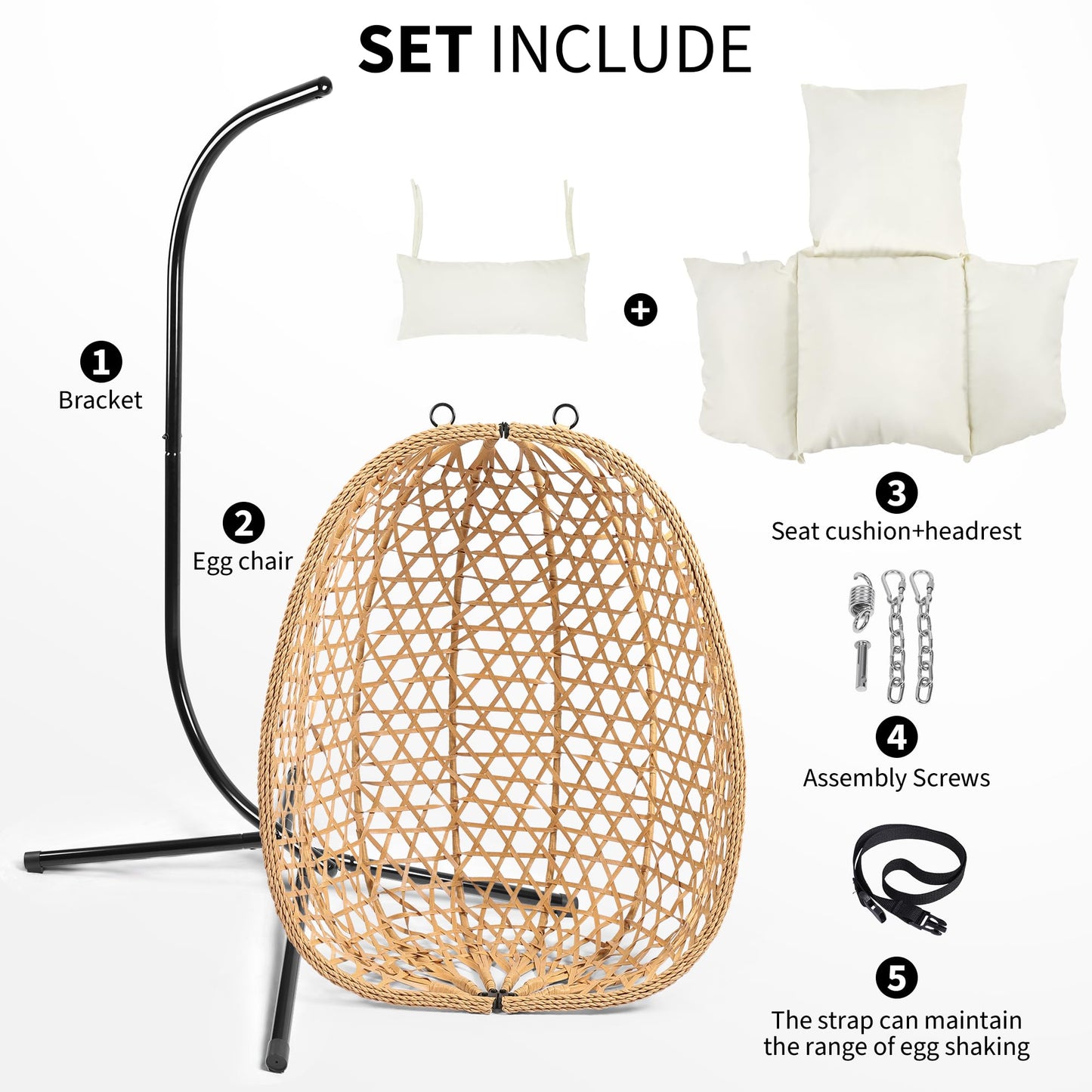 LEX CRAFT Egg Chair with Stand, Patio Wicker Hanging Chair, Hammock Swing Chair, 350LBS Capacity for Bedroom, Balcony, Garden (YE-BE)