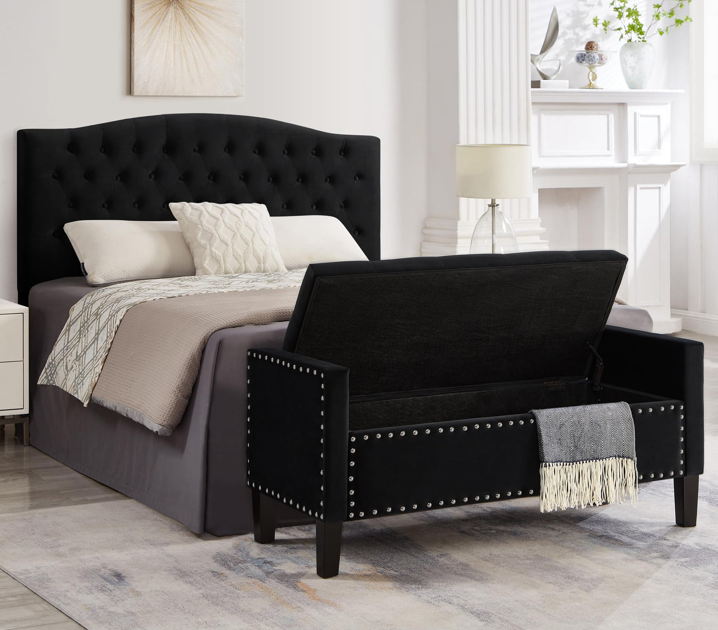 Favfurish Velvet Storage Ottoman with Armrests and Nails Trim,Entryway Living Room Soft Padded Seat,Bed Bench Bedroom End of Bed,Black (48”L X 18.5” W X 22” H)