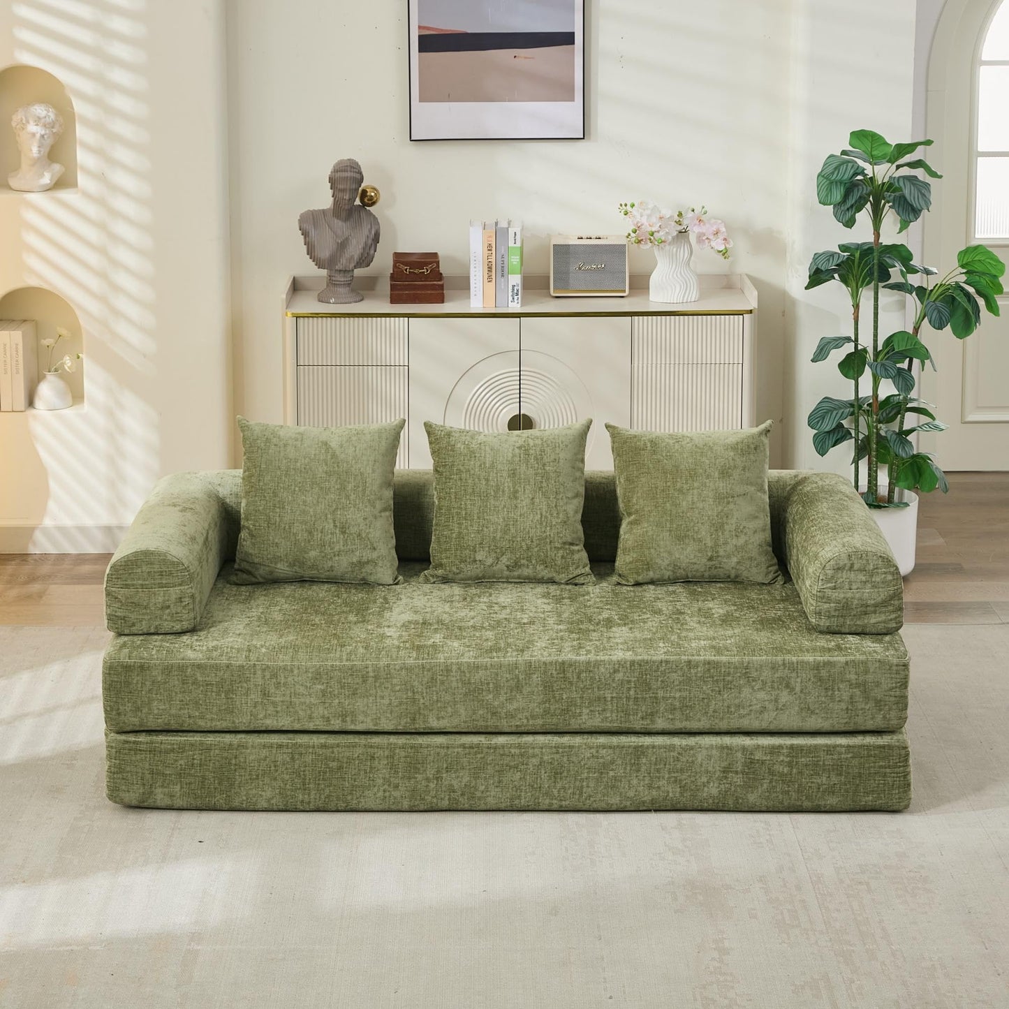 TISIMO Convertible Folding Sofa Bed Modular Floor Couch, 78.8‘’ Cloud Sleeper Sofa with Removable Backrest, Chenille Foldable Mattress Couch, Lazy Loveseat for Small Space, Apartment, Bedroom, Green