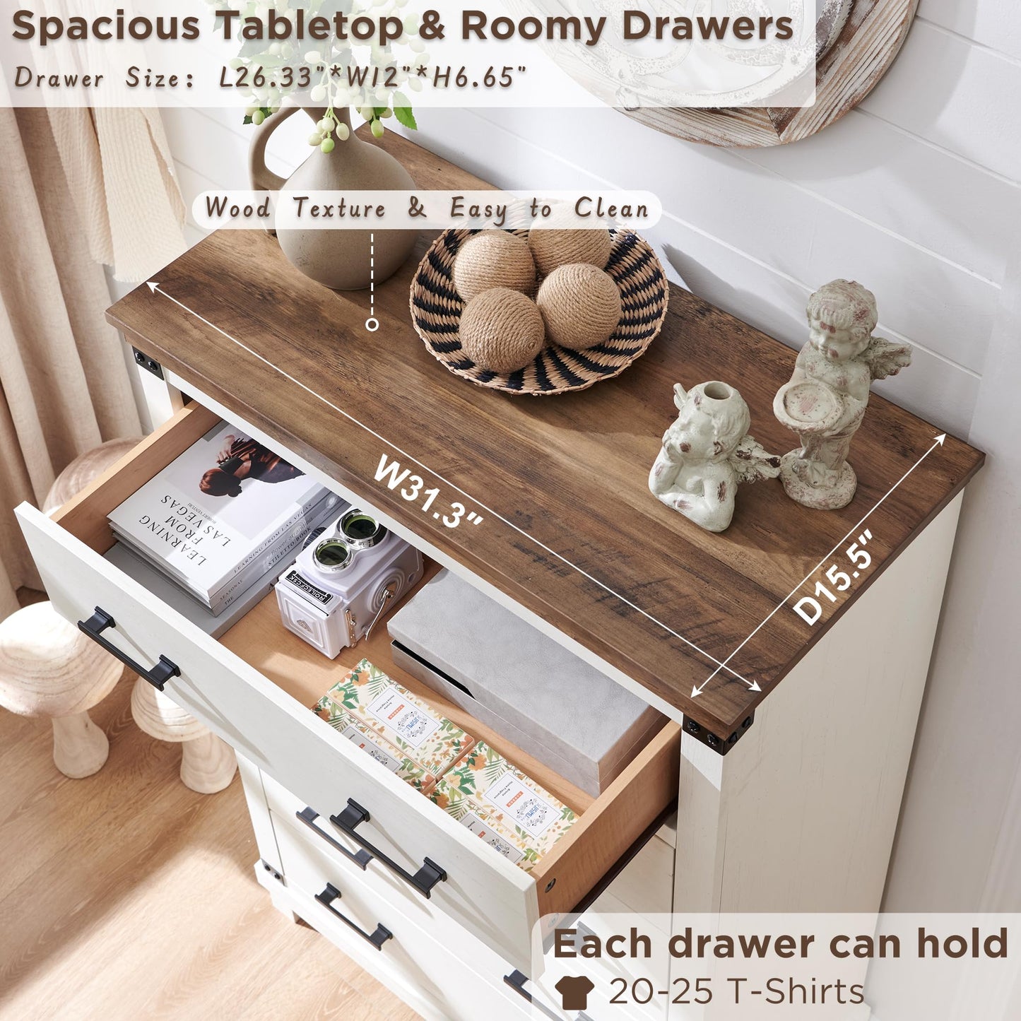 T4TREAM Farmhouse 5 Drawers Dresser for Bedroom, 48" Tall Wood Chest of Drawers w/Natural Texture & Metal Handle, Rustic Storage Dressers Organizer for Living Room, Hallway, Antique White