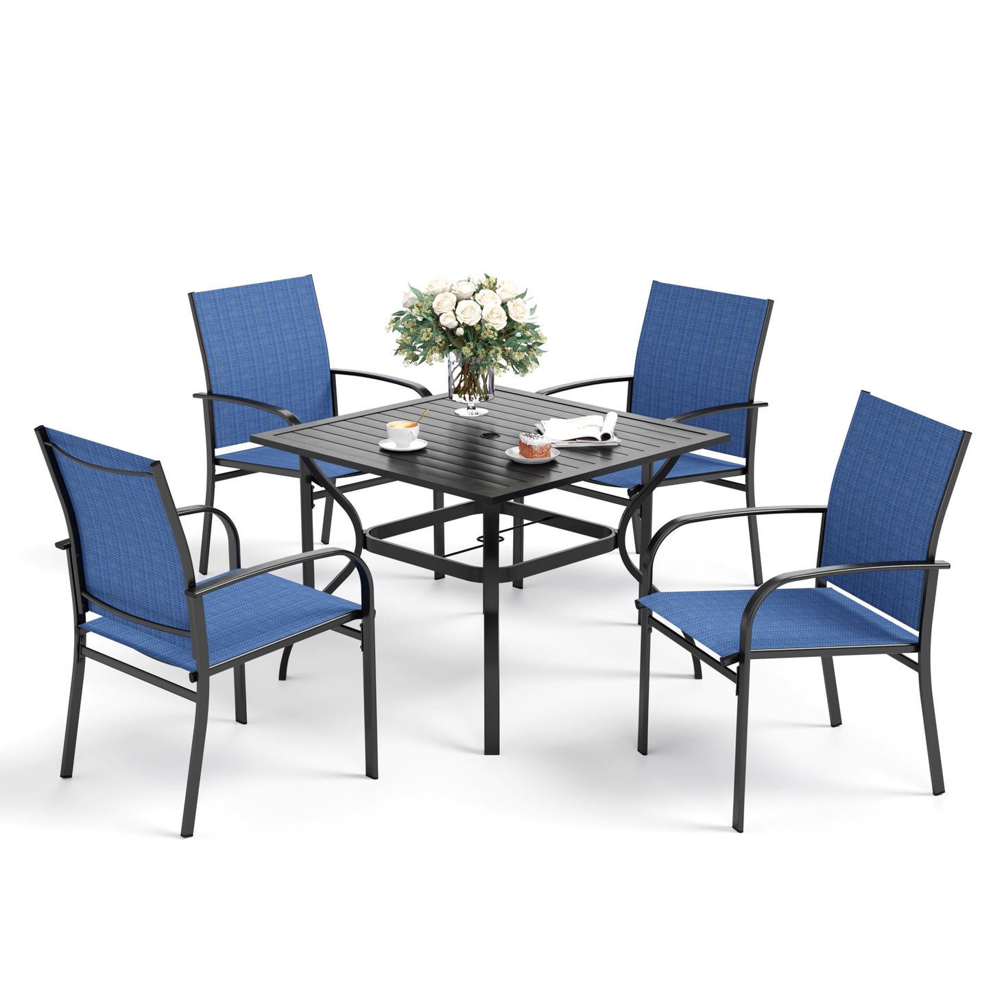 SUNSHINE VALLEY 5 Piece Patio Dining Set for 4, 37”x37” Square Table with Umbrella Hole and 4 Metal Blue Chairs, Outdoor Table and Chairs Set for Lawn Backyard and Deck