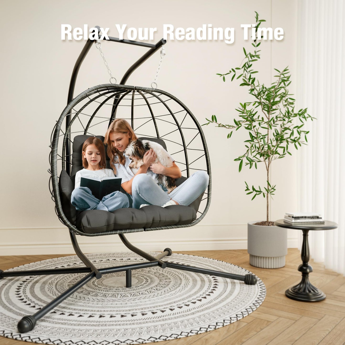 Pamapic Double Egg Chair wth Stand, 700 LBS Loveseat Rattan Swing Chair, UV Resistant Cushions with Armrests and Headrest, Thick Steel Frame Hammock Swing for Outdoor, Patio, Indoor(Grey)