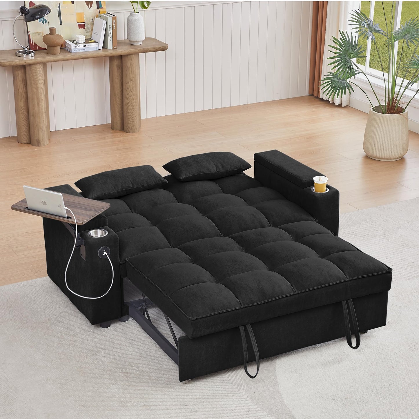 hansones 65'' 3-in-1 Folding Convertible Sofa Bed, Pullout Sofa, Modern Chenille Fabric, 360° Swivel Side Table, Easy Assembly, Perfect for Living Room, Black