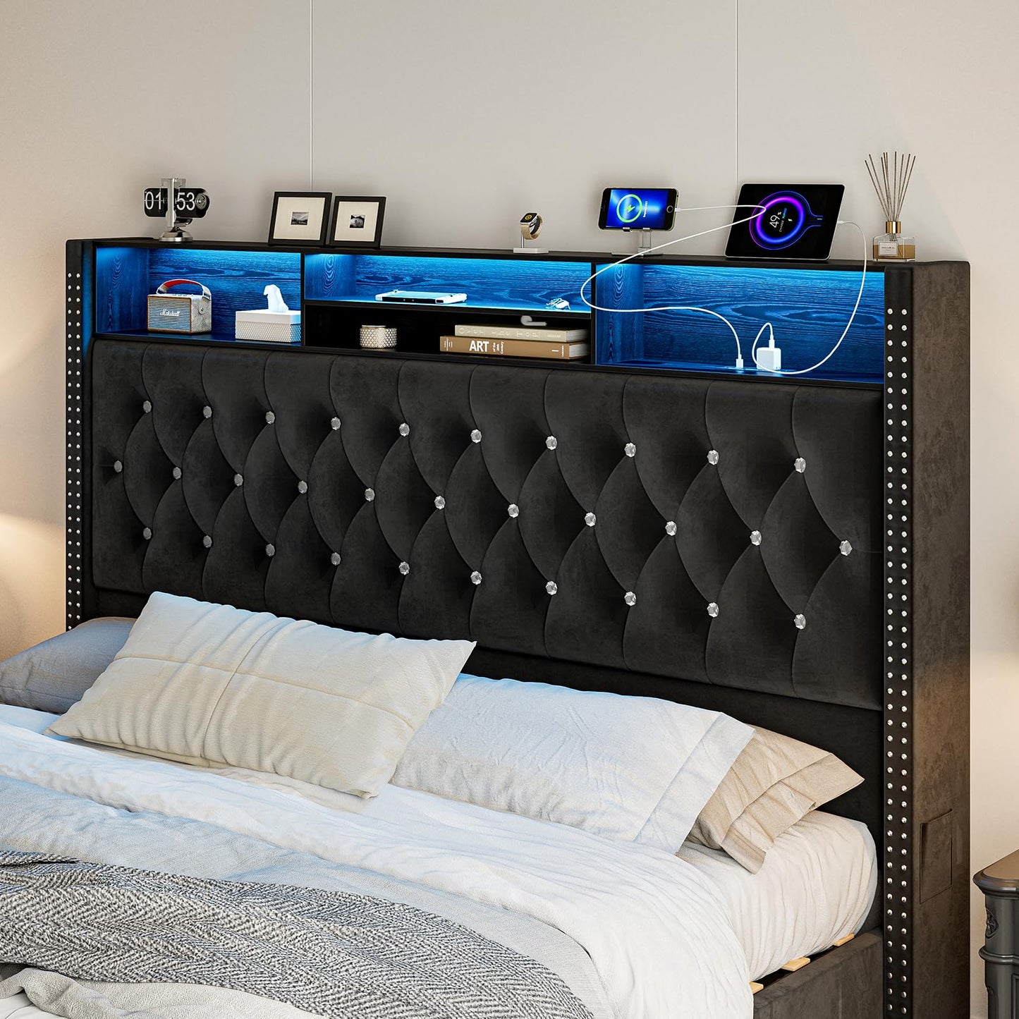 CIKUNASI Upholstered King Size Bed Frame with Headboard and Storage, 60“Tall Bed Frame with 2 Drawers, Tufted Wingback Bed Frame King Size LED Light, Charging Station, No Box Spring Needed