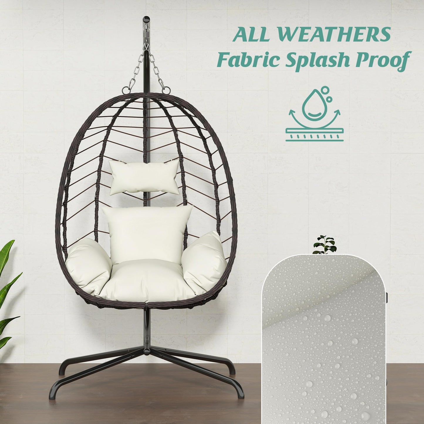 LEX CRAFT Hanging Egg Chair with Stand, Swinging Egg Chair Outdoor Indoor, Hanging Basket Chair with Cushion, Patio Wicker Hammock Chair 350lbs Capacity for Bedroom, Balcony, Backyard, Garden (Beige)