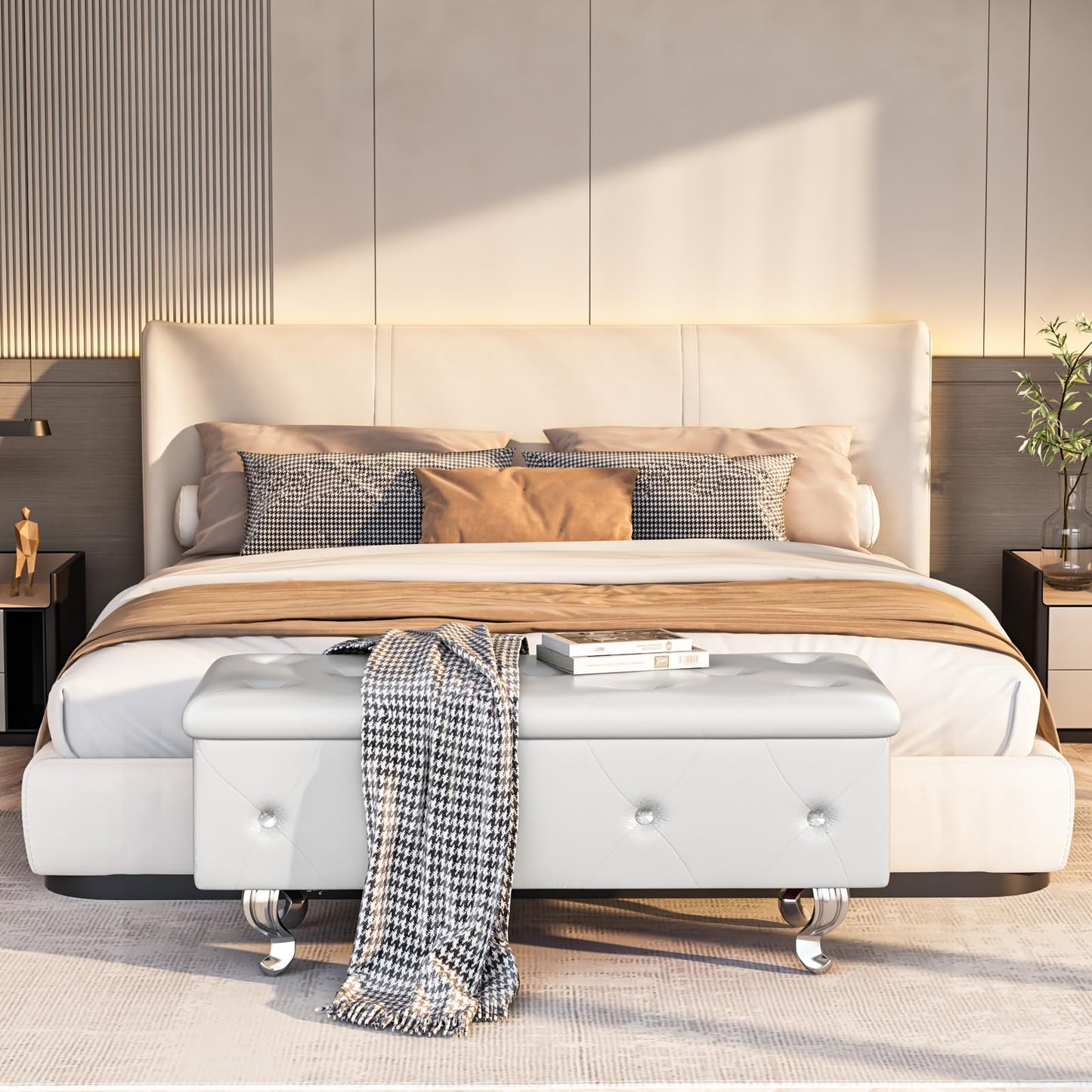DKLGG Storage Ottoman Bench for Bedroom, Upholstered Entryway Bench with Legs & Safety Hinge, Small Storage Bench for Living Room/End of Bed/Entryway/Window, White