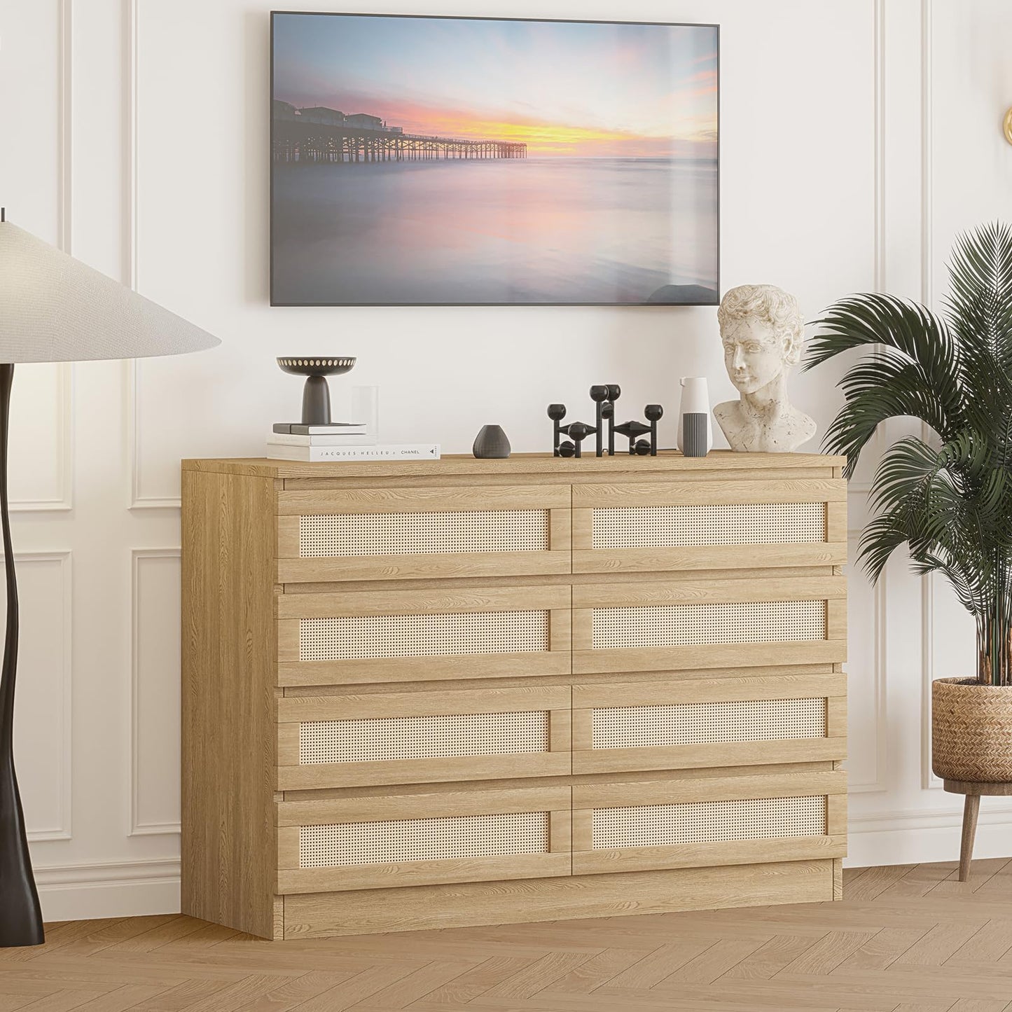 Patikuin Rattan Dresser for Bedroom, Modern 8 Drawer Double Dresser for Bedroom, Wide Wood Chest of Drawers for Bedroom, Living Room, Hallway