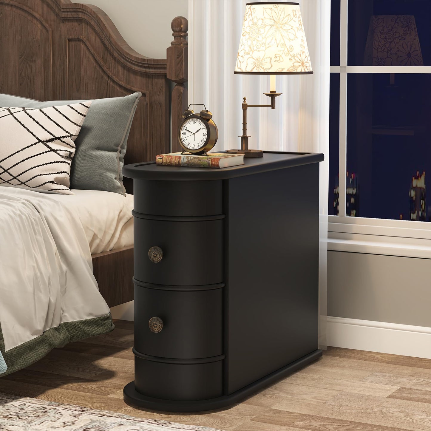 Tribesigns Wood End Table Set of 2, Narrow Solid Side Table 2-Drawer Slim Chair Side Table, No Assembly Required, Finished Back, Black