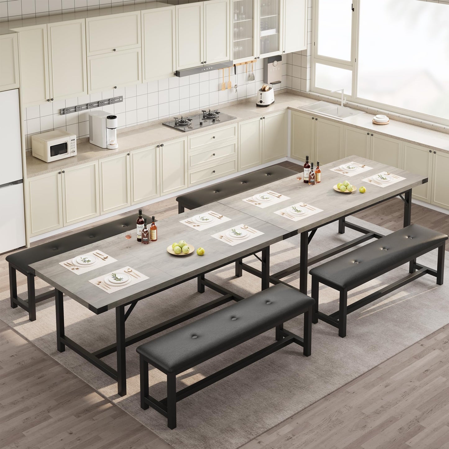 GarveeHome Dining Table Set for 4-6, 63" Large Extendable Dining Room Table Set for 6, Wood Rectangle Kitchen Table with 2 Soft Benches for Apartment, Small Space, Easy Assembly, Rustic Gray