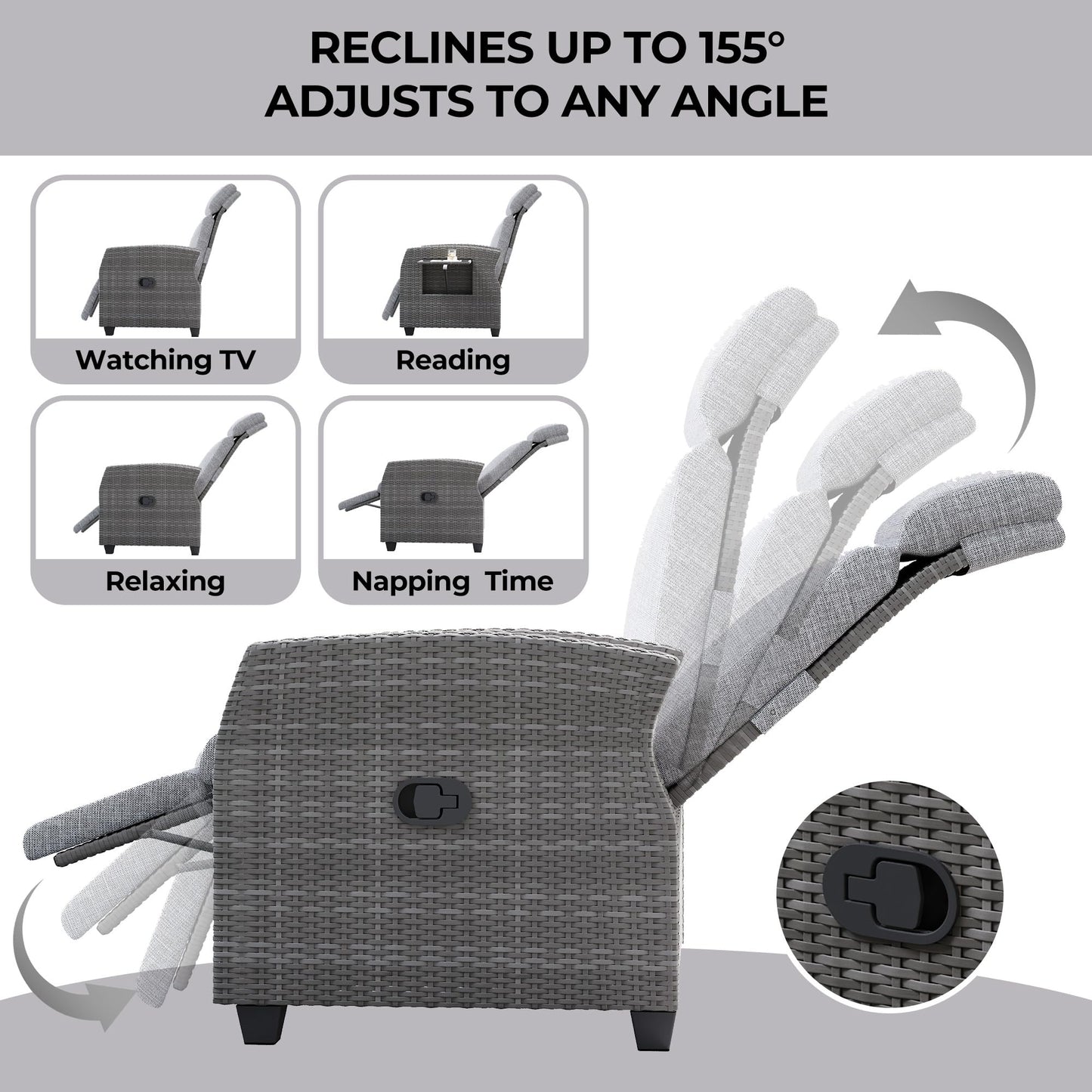 Outdoor Recliner with Independently Adjustable Backrest and Footrest, Patio Wicker Recliner Chair, All-Weather PE Wicker Patio Reclining Lounge Chair with Flip-Up Table Air Pump 155° Lay Flat