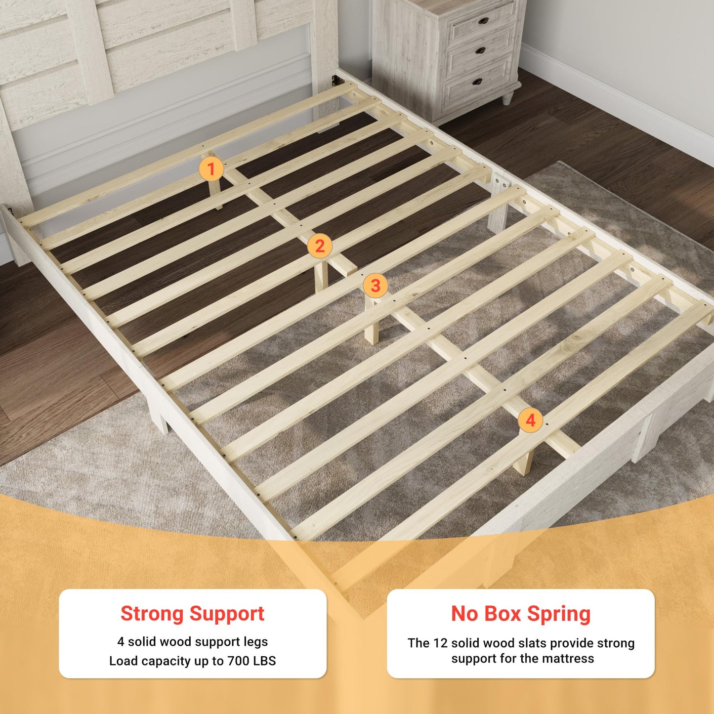 Mekminop Queen Size Wood Bed Frame with Tall Headboard & Footboard, Farmhouse Platform Bed with Solid Wood Slats Support, No Squeak, No Box Spring Needed (Beige Wood Grain)