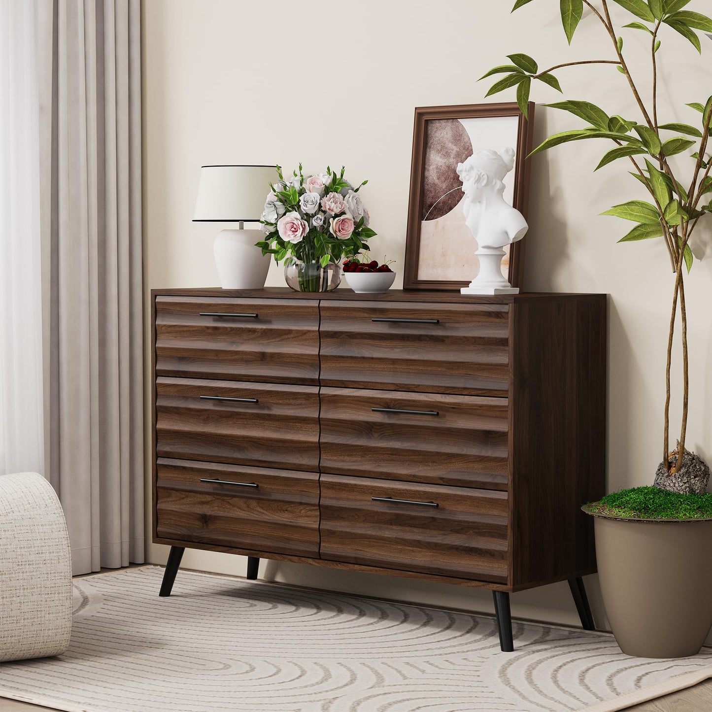 RQZ 6 Drawers Dresser for Bedroom, Walnut Chest of Drawers with Large Storage Capacity, Wooden Storage Dresser Organizer for Bedroom Nursery Living Room Hallway Closet (6-Drawer)