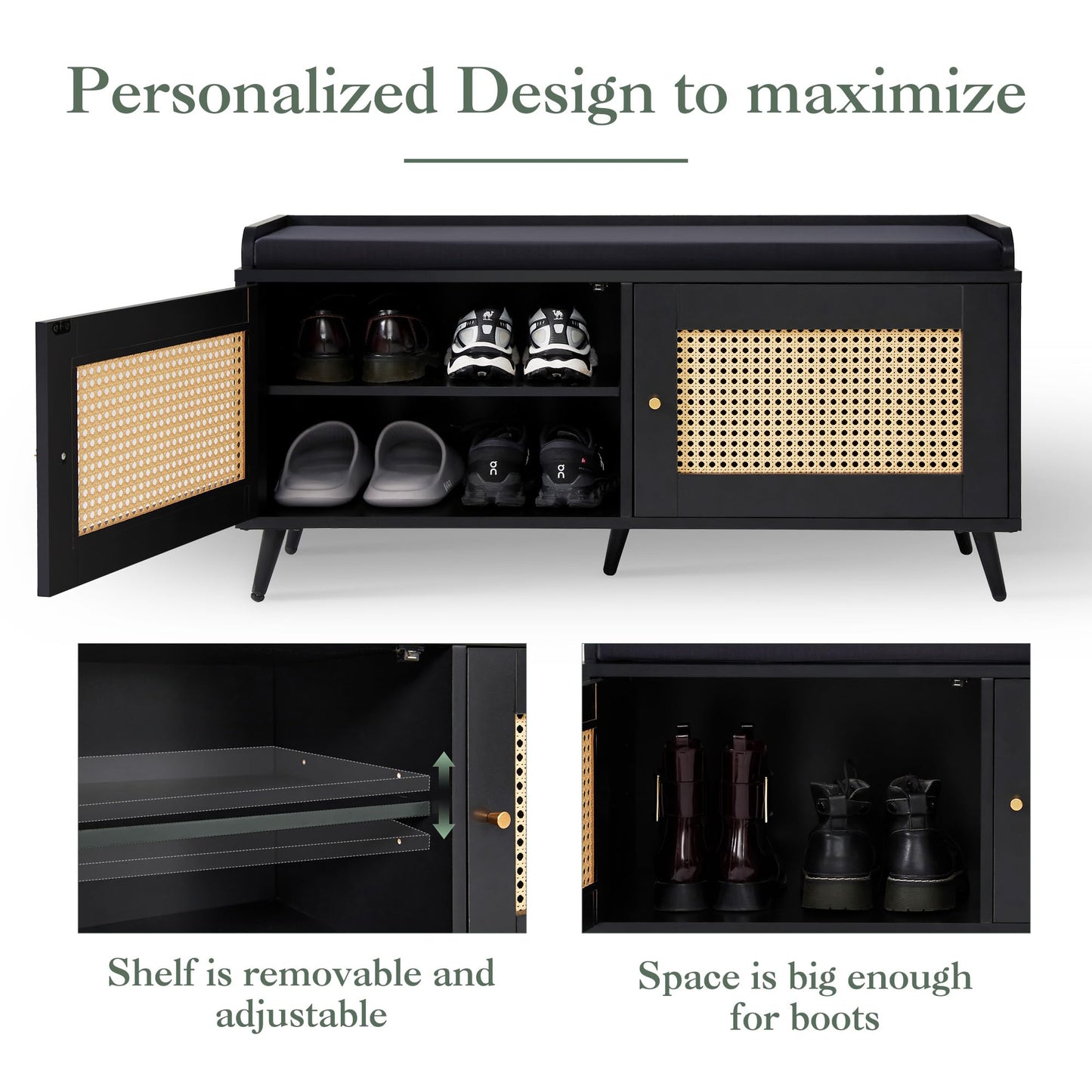 Netstar Storage Bench, Shoe Bench with Padded Seat Cushion, Entryway Bench with 2 Doors, Shoe Storage Bench Adjustable Shelf, 39.3’’W x13.8’’D x18.9’’H Shoe Cabinet for Entryway, Living Room, Bedroom