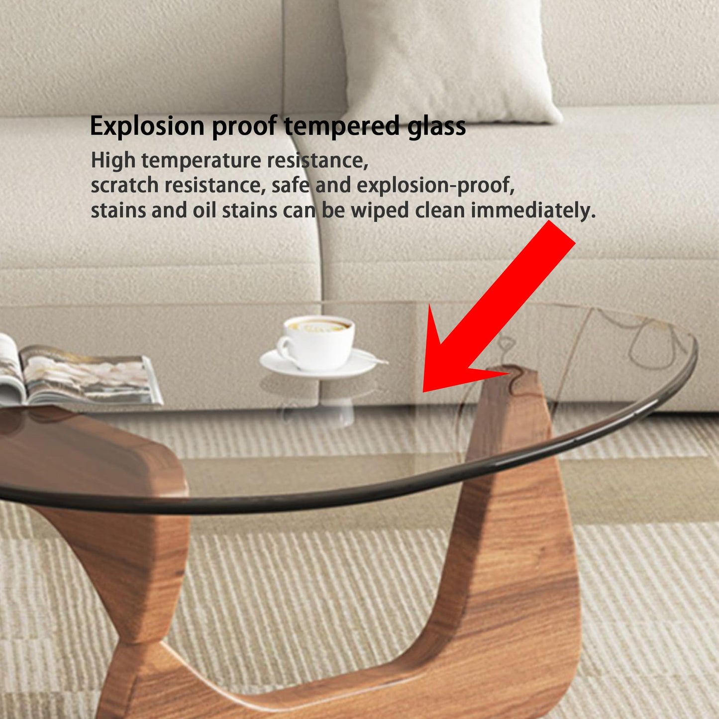 EASYSOUL Modern Glass Coffee Table, 44.88" D x 32.28" W x 15.75" H, Abstract Round Tea Tables for Living Room Home Office Industrial Cocktail Tables (Walnut-Clear Glass, 44.88")